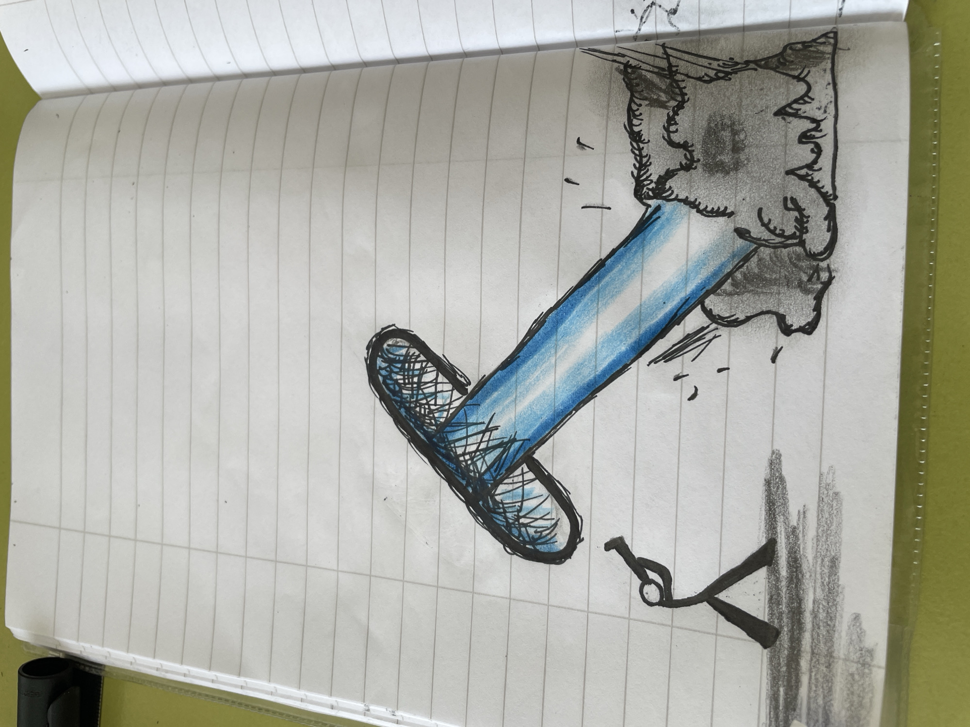 A drawing on lined notebook paper depicts a lightsaber cutting through a surface. The lightsaber blade is blue with black crosshatching near the handle and tip. The handle is gray and textured. Debris is shown flying from the impact point, and a small, stylized figure is present nearby. There is no evidence to suggest it is taking place in Zlatograd, Bulgaria.