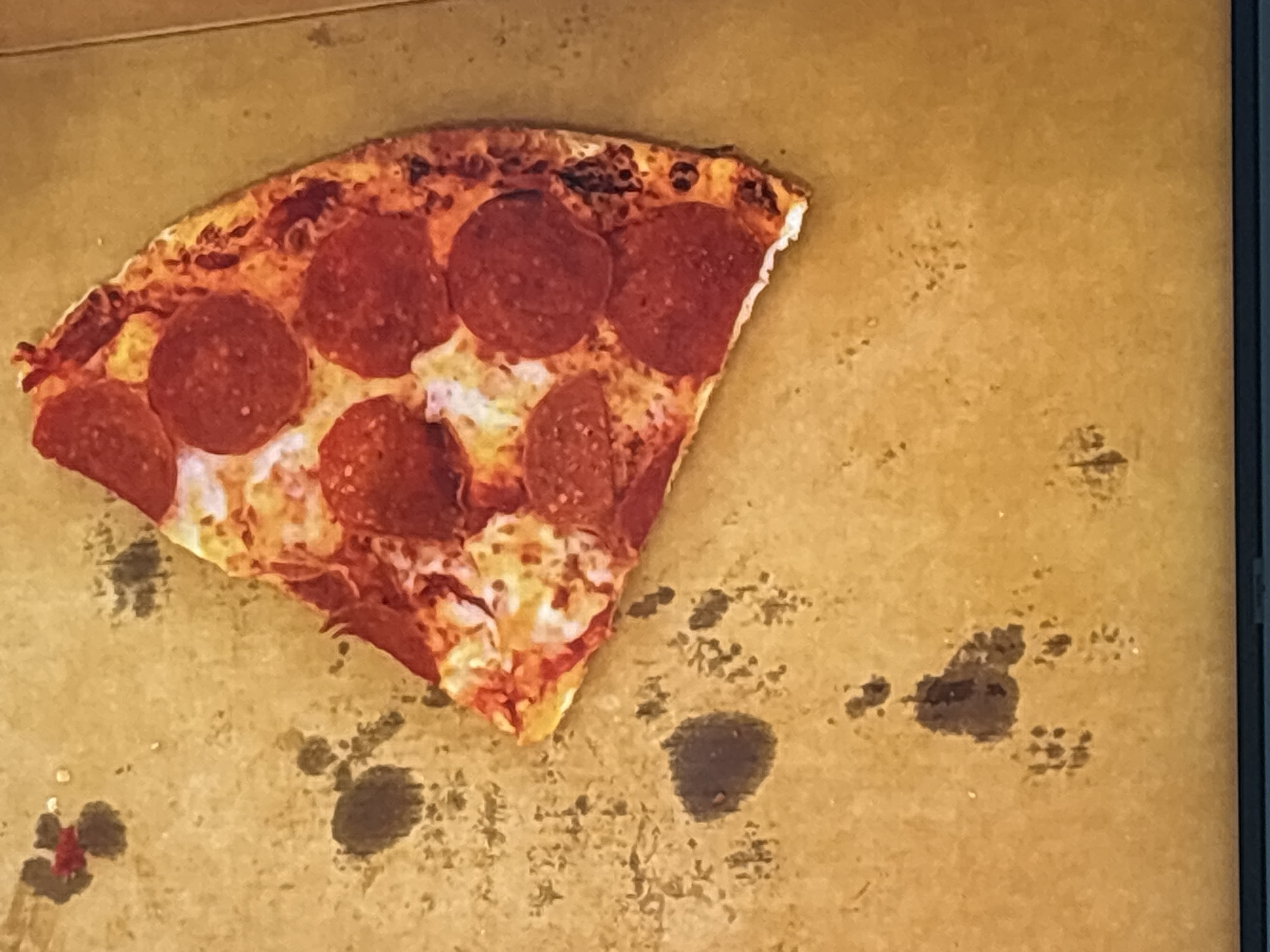 A single slice of pepperoni pizza rests on a brown cardboard surface, likely a pizza box. The pizza slice is a triangle with a golden-brown crust, topped with melted cheese and numerous slices of red pepperoni. Several dark, irregular smudges are visible on the cardboard surface surrounding the pizza slice, appearing as if grease or sauce has seeped through. The background is a solid brown color, consistent with cardboard. The image is a close-up shot, taken from a top-down perspective. There are no people or other objects visible in the frame. The image is devoid of any specific location markers and does not provide any information that could place it within Dubai, United Arab Emirates, or any other geographical location.