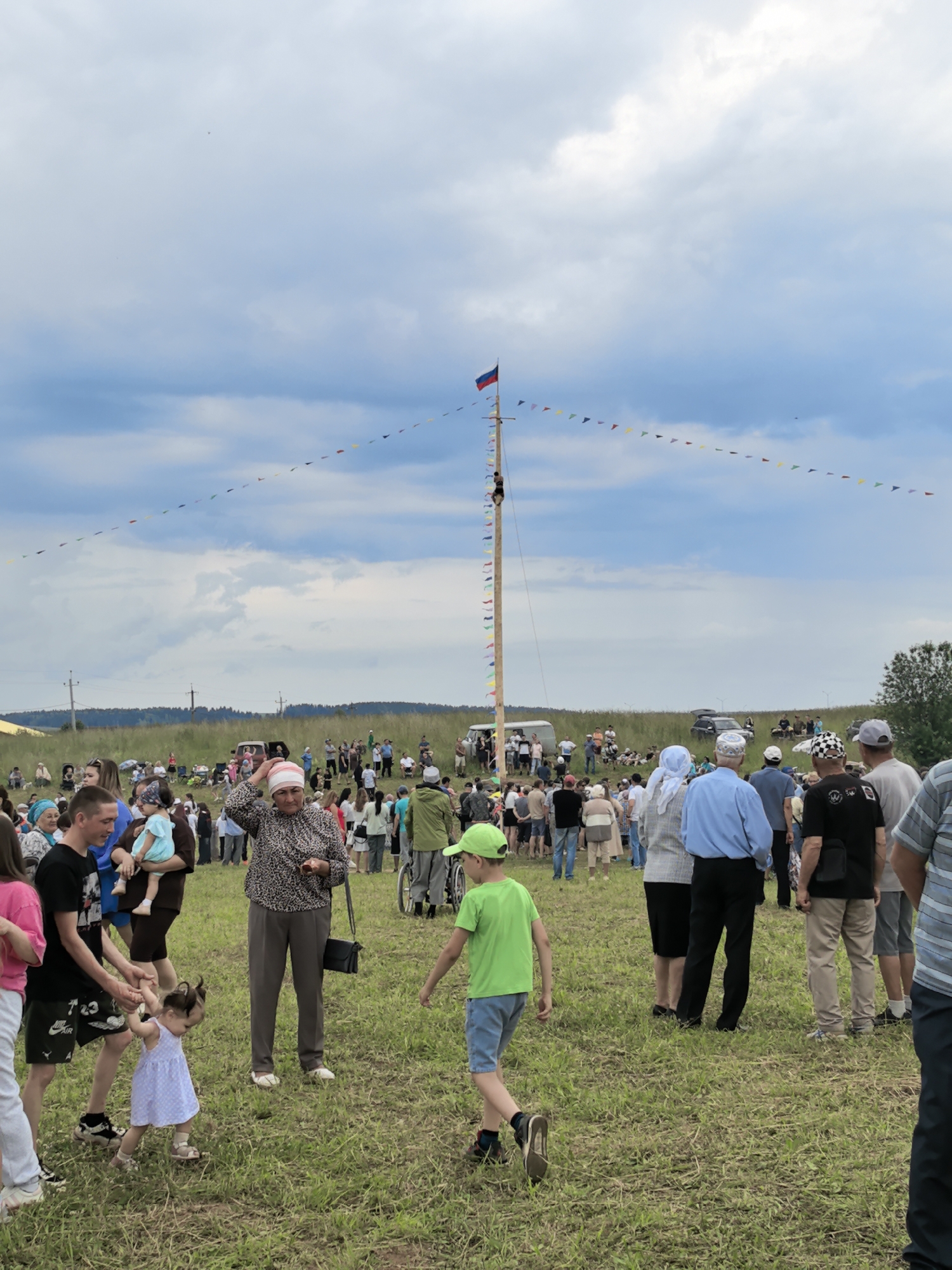 The image depicts an outdoor gathering of people in a grassy field, likely in or around the village of Koyanovo, Russia, given the presence of a Russian flag on a tall pole. A crowd of individuals of various ages is present, with some standing and others seated. A tall wooden pole is erected in the center of the scene, decorated with a string of colorful triangular flags. A person is visible climbing the pole. Several vehicles are parked in the background. The overall atmosphere suggests a festive or community event.