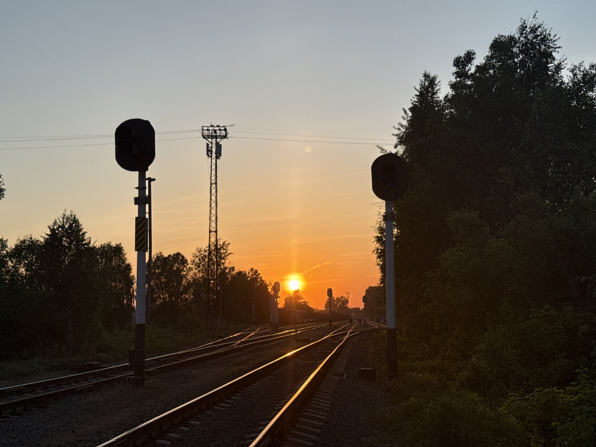 This image depicts a railway scene in the city of Chaikovsky, Russia, captured at sunset. The railway tracks extend into the distance, converging at the point where the sun is setting. On either side of the tracks stand railway signals, appearing as dark silhouettes against the bright sunset. In the center, a metal lattice tower rises above the horizon, contributing to the industrial landscape. The environment consists of trees and shrubs flanking the railway tracks, adding a touch of nature to the scene.