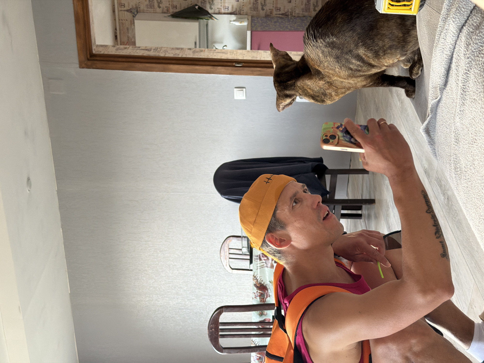 A man in a bright orange beanie and an orange life vest is crouching on a light-colored wooden floor, holding a smartphone with a colorful case. He appears to be taking a photo or video of a brown tabby cat that is sitting on a light grey blanket. The man has a tattoo on his left forearm. In the background, there are two wooden chairs and a table with a floral tablecloth. Beyond that, a doorway leads to a kitchen area with cabinets and a sink. The walls are a neutral grey color, and the ceiling is white. The lighting suggests it is daytime. The scene is an indoor residential setting, likely an apartment.