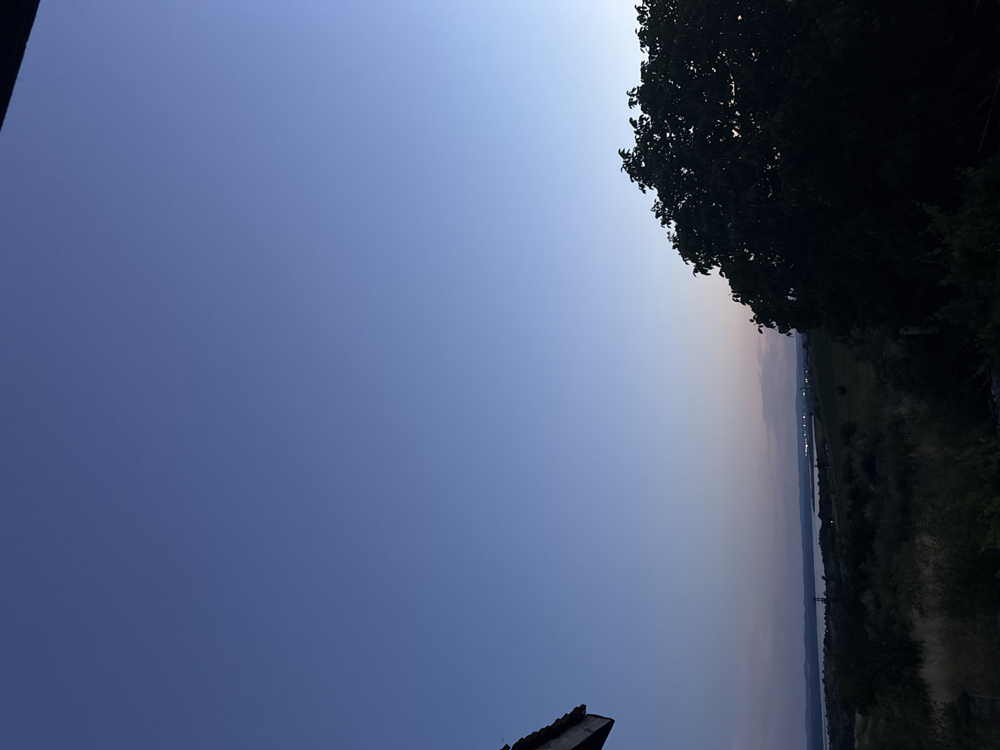This image captures a twilight view of the Burgas Bay in Burgas, Bulgaria. The sky is a gradient of deep blue at the top, transitioning to lighter shades of blue and hints of pink near the horizon. In the foreground, a large, dark silhouette of a tree occupies the right side of the frame, its leaves detailed against the lighter sky. To the left, a portion of a building's roofline is visible, also silhouetted. The middle ground reveals a landscape of rolling hills covered in dark vegetation, with a body of water, the Burgas Bay, stretching across the horizon. Distant lights are visible along the coastline, suggesting the presence of settlements. The overall atmosphere is serene and tranquil, typical of dusk.