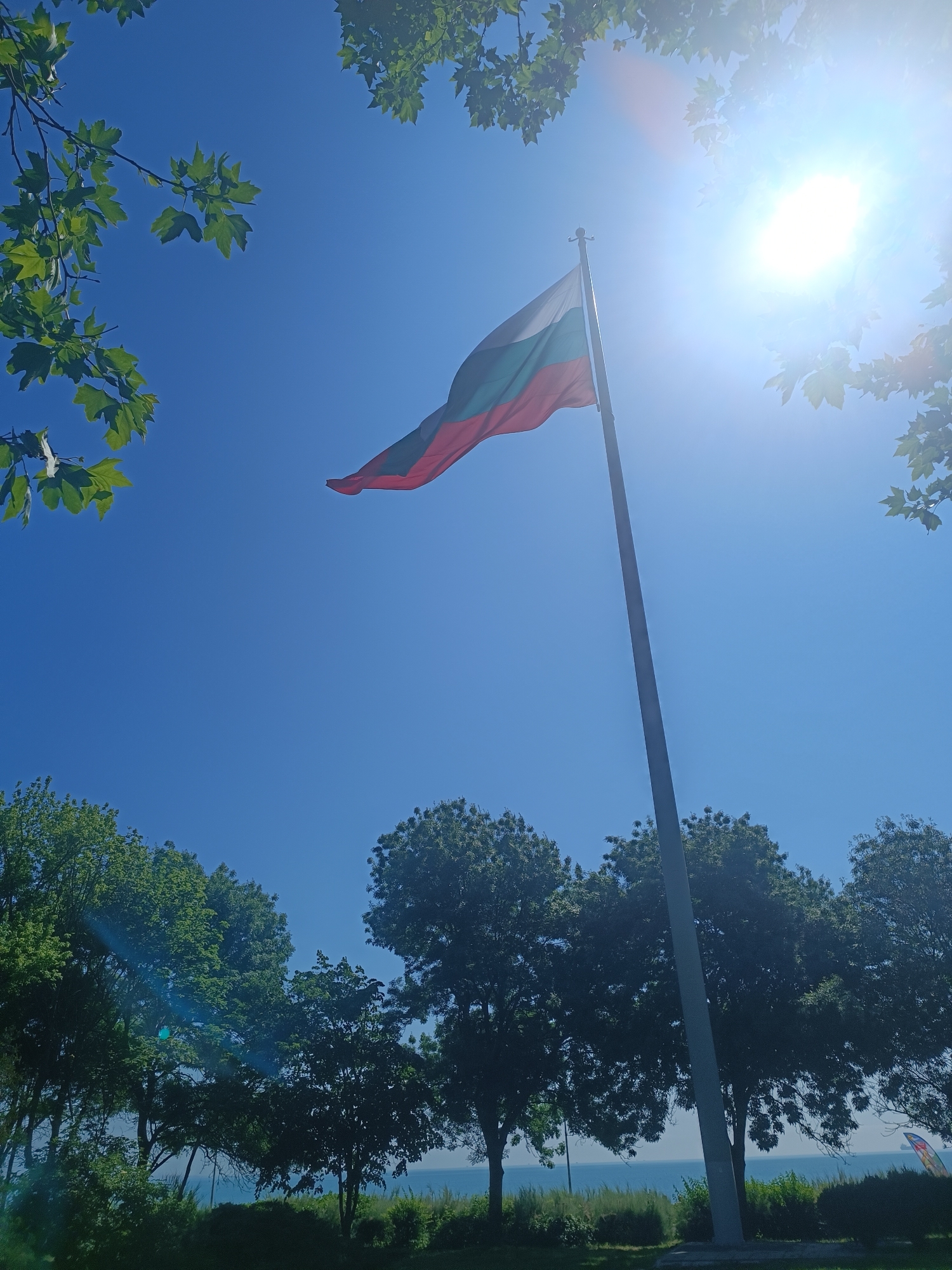 A Bulgarian flag flies against a clear blue sky on a bright, sunny day. The flag, with its horizontal stripes of white, green, and red, is unfurled from a tall flagpole positioned slightly off-center to the right. Sunlight beams brightly from the upper right corner of the frame, creating a lens flare effect. Green leaves from trees frame the top left and right edges of the image. In the background, a line of lush green trees forms a dense canopy, with hints of the sea visible beyond them. The overall scene is outdoors, suggesting a park or waterfront location. The image appears to be taken at sea level or near a body of water, possibly the Black Sea coast in Burgas, Bulgaria, given the presence of coastal vegetation and the national flag. No people are visible in the frame.