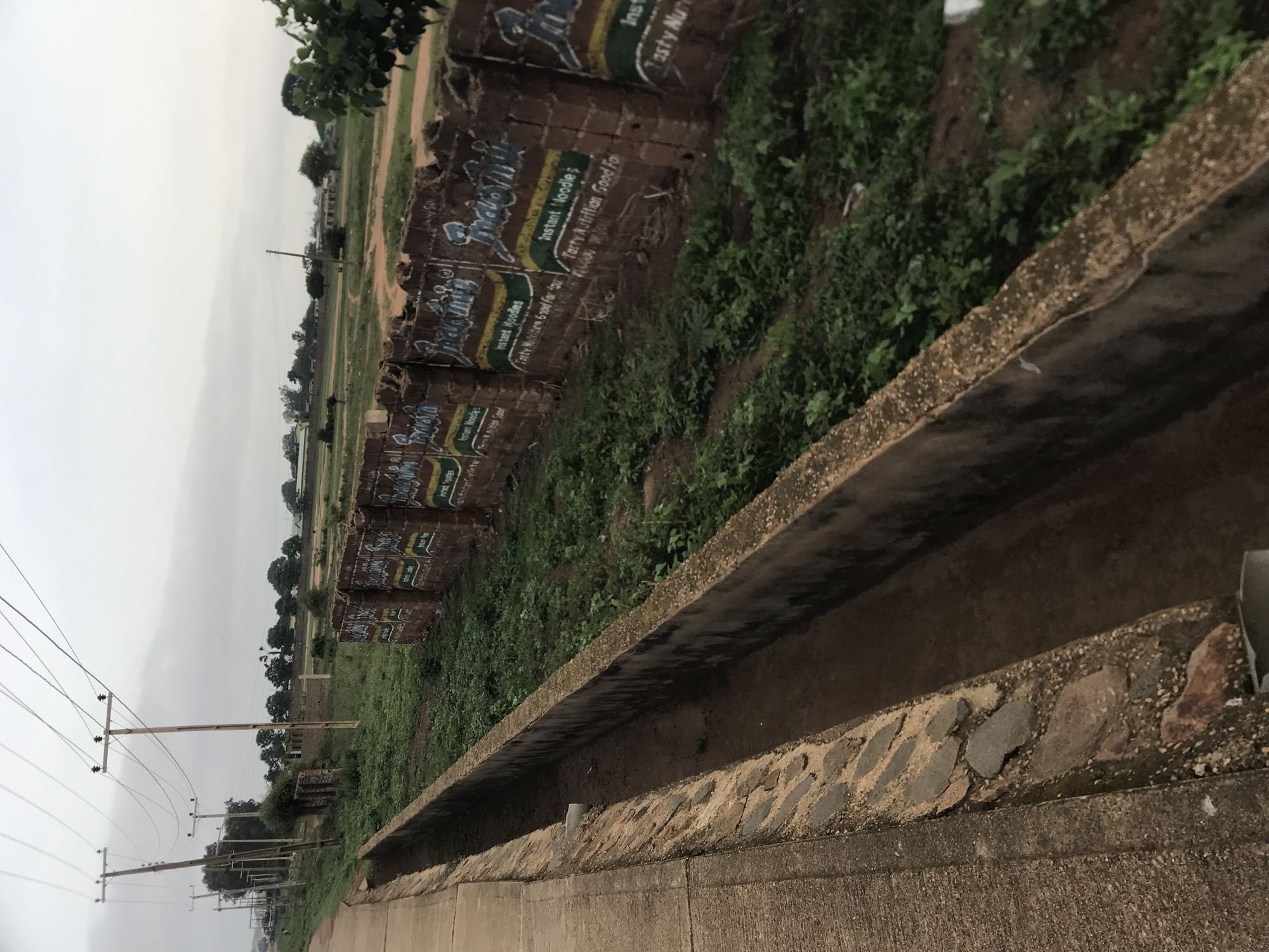 The image captures an outdoor scene, likely in a rural or semi-urban setting such as Rafin Par, Nigeria, under an overcast sky. In the foreground, a concrete and stone-lined ditch or canal runs across the frame. Beyond this, a strip of green vegetation and bushes separates the ditch from a series of low brick structures. These structures, possibly walls or advertising bases, bear faded painted text including "Instant Noodles" and "Tasty Nutrition Good For," suggesting product advertisements. One instance also shows "Instant Moodies" and "estant Noodles."
Further into the midground, a wide expanse of open, undeveloped land is visible, covered in grass and dirt patches, with scattered trees in the distance. To the left, several wooden utility poles with multiple power lines extend diagonally across the frame, indicating electrical infrastructure. The cloudy sky suggests diffused lighting, making it difficult to pinpoint a specific time of day. No individuals or direct activity are visible, lending a quiet, somewhat desolate atmosphere to the scene.