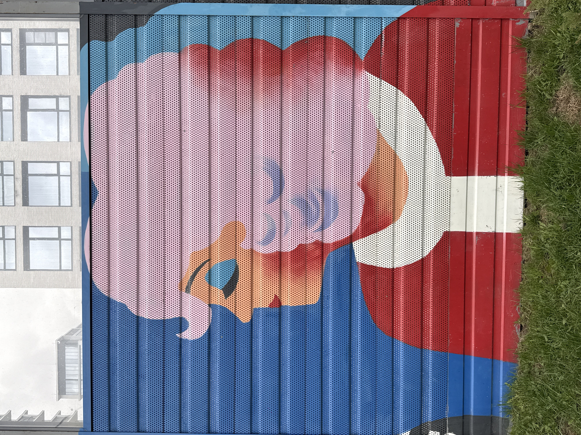 A metal fence or screen, comprised of vertical corrugated panels with a consistent perforation pattern, displays a colorful, stylized mural. The mural depicts a human figure, possibly a child, lying on their side. The head is predominantly pink and red, with facial features sketched in blue and orange. The body is blue. The artwork is positioned against a backdrop of red, blue, and off-white sections.
To the left, visible through the perforations, is a building with multiple windows. To the right of the structure is a strip of green grass. The mural appears to be an outdoor public art installation. While the location is mentioned as Khimki, Russia, there is no visual information to confirm this specifically.