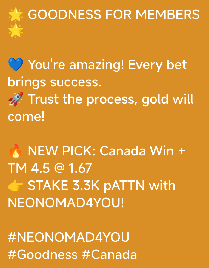 The image is a screenshot of a social media post with an orange background. At the top, there are two yellow star emojis followed by the text "GOODNESS FOR MEMBERS". Below this, a blue heart emoji precedes the text "You're amazing! Every bet brings success." A rocket emoji is next to the text "Trust the process, gold will come!".
Further down, a flame emoji precedes "NEW PICK: Canada Win + TM 4.5 @ 1.67". A pointing finger emoji is next to "STAKE 3.3K pATTN with NEONOMAD4YOU!". The post concludes with the hashtags "#NEONOMAD4YOU", "#Goodness", and "#Canada".
There are no people, actions, or interactions depicted. The image contains no information about the city of Nha Trang Ward, Vietnam, nor does it provide any context related to a specific location within a city. It is purely a digital graphic.