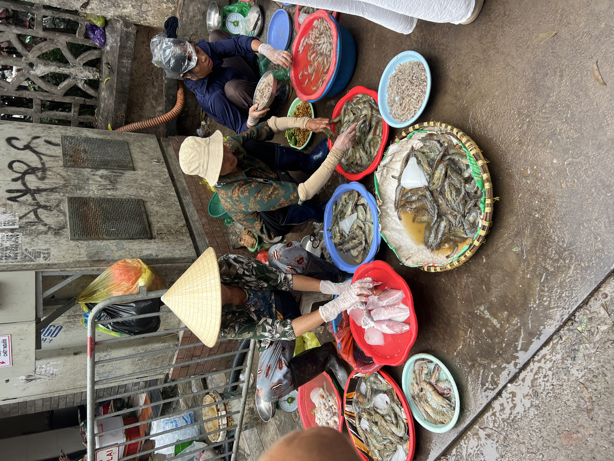 In Hanoi, Vietnam, a street scene unfolds with three individuals engaged in commerce. Two women, one wearing a conical hat and the other a light-colored bucket hat, are positioned on the ground. The woman in the conical hat is wearing a floral patterned shirt and blue boots, while the other wears a dark blue jacket. A third person, partially visible on the left, appears to be observing.
The foreground is dominated by an array of seafood laid out on the wet, paved ground. Several round, shallow bowls and a woven basket contain various types of shrimp, some in water, others on ice. One red bowl holds what appears to be pieces of white fish and ice. Small plastic bowls contain smaller shelled creatures. The women are seen handling the seafood with gloved hands, suggesting a transactional exchange. The background reveals a gritty, urban environment with a brick wall, a metal railing, and a building adorned with graffiti and electrical conduits. Bags of brightly colored refuse are tied to the railing, adding to the chaotic yet vibrant street market atmosphere. The overall impression is that of a busy, informal market operation.