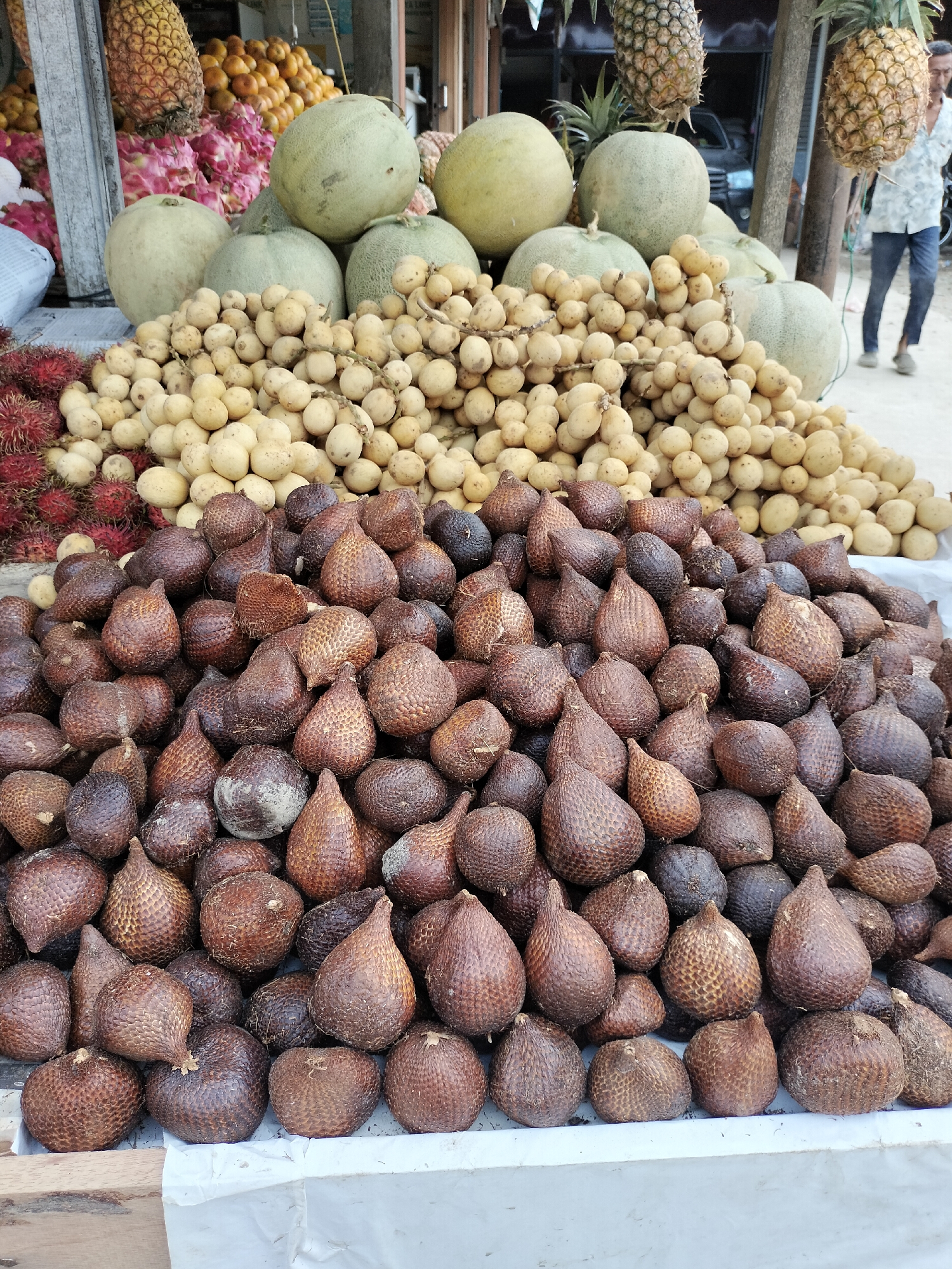 A fruit stand in Kotapantonlabu, Indonesia, displays an abundance of tropical fruits. In the foreground, a large pile of salak fruits, also known as snake fruit, is presented. These fruits have a distinctive reddish-brown scaly skin and are roughly ovular in shape, with some appearing more pointed. Behind the salak, a generous mound of longan fruits, small and light-colored, is stacked high. Further back, several pale green melons, large and round, are visible, along with a cluster of pink dragon fruits. At the top of the display, two large pineapples hang prominently. In the background, the scene extends to a road with a few vehicles, and a person is walking away from the stand. The overall impression is a vibrant and bountiful marketplace.
