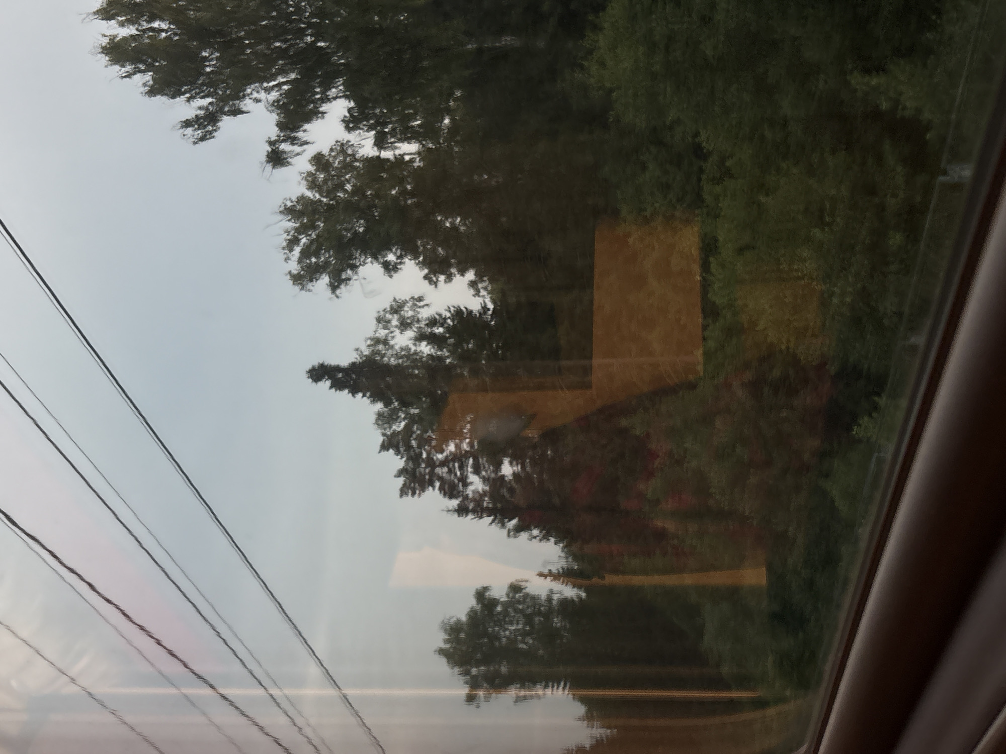 The image captures a view from a train window, looking out at a wooded area and a light sky. Three overhead wires are visible, running diagonally across the upper portion of the frame. The reflection on the window shows trees and a pale sky. A rectangular, orange-tinted reflection overlays a section of the trees. The lower part of the image shows the dark brown interior of the train, including the window frame and a portion of the seat. The scene appears to be on a clear day. There is no indication of the specific location in Povarovo, Russia.