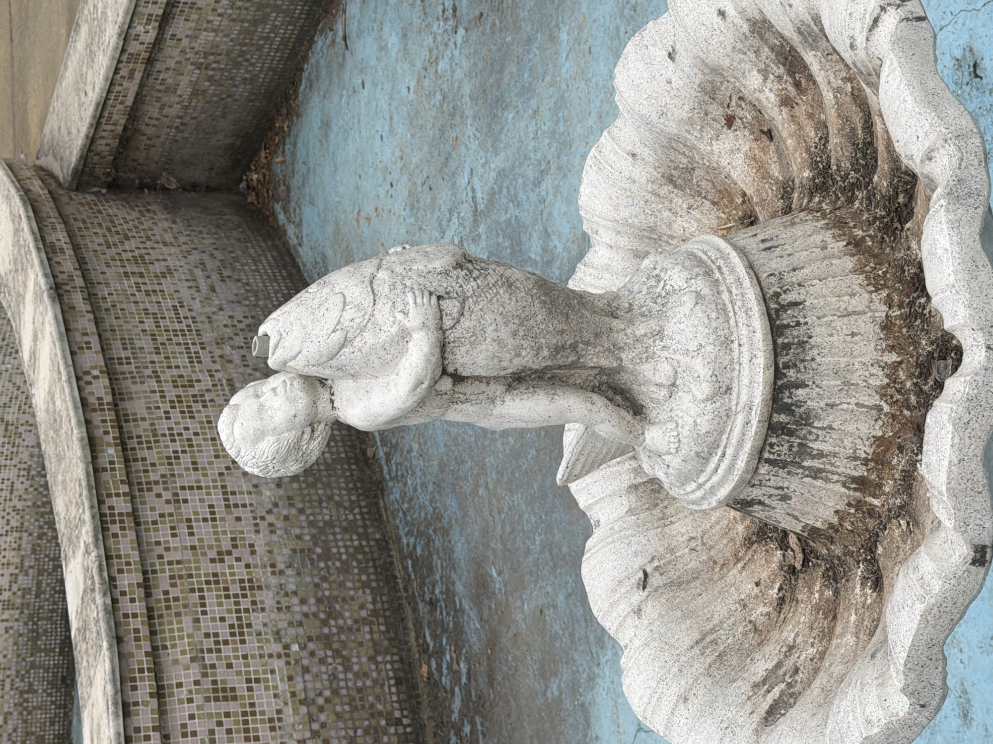A stone statue of a cherub embracing a fish stands in the center of a dry, empty fountain in Pazardzhik, Bulgaria. The fountain's basin is painted blue and shows signs of wear and tear. The walls of the fountain are tiled with small, square mosaic tiles in varying shades of brown and beige, some of which are missing. Leaves and debris are scattered in the bottom of the basin, particularly in the corners. The cherub statue is weathered and discolored, with visible stains and dirt. The fish statue appears to be the spout of the fountain, though it is not currently functional. The background shows more of the tiled fountain walls and the surrounding paved area.