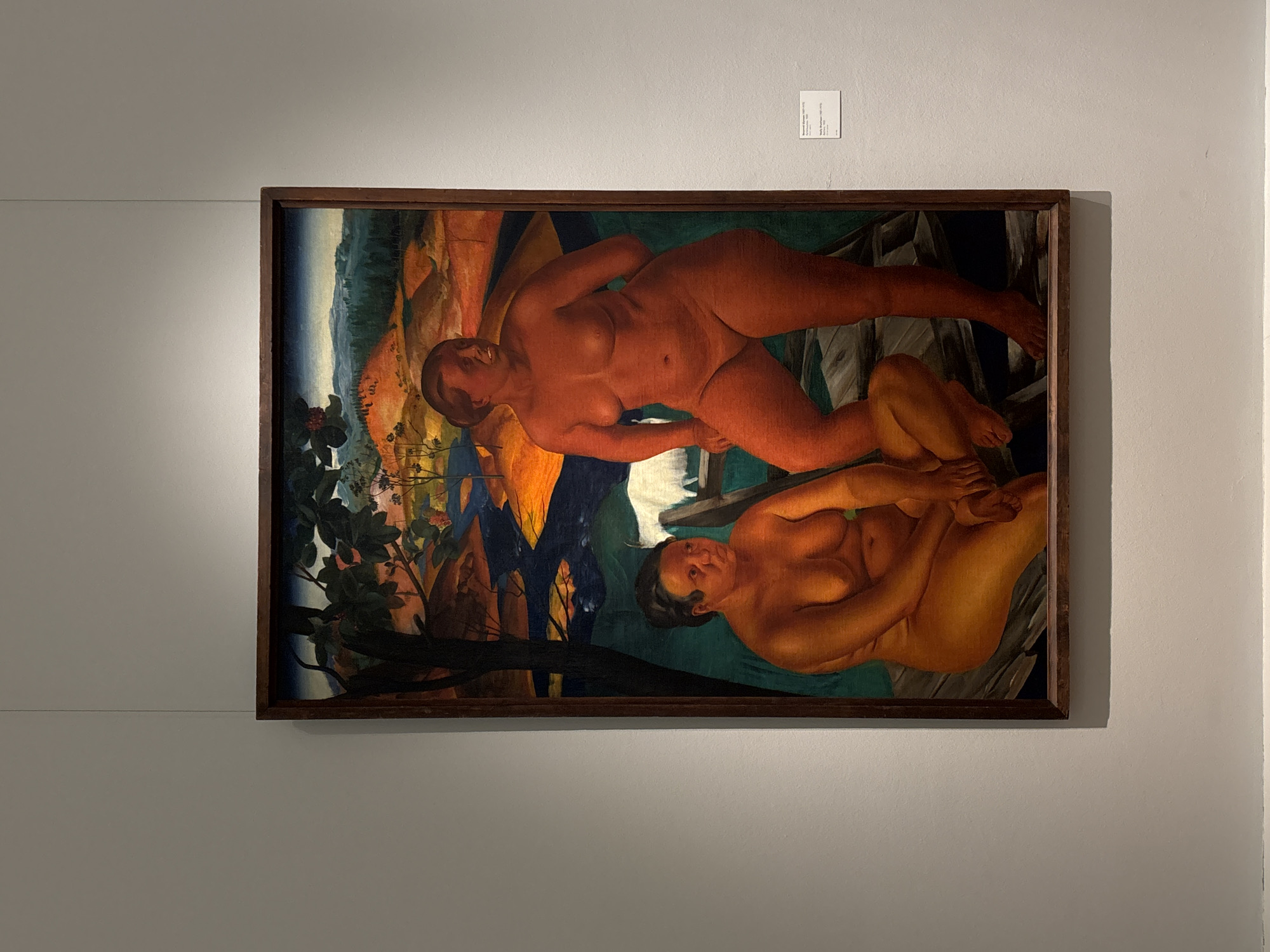 The image shows a framed painting hanging on a light gray wall. The painting depicts two nude female figures in a landscape. The upper figure is a reddish-brown color, while the lower figure is a golden-yellow hue. The landscape includes trees, a body of water, and mountains. A small label is affixed to the wall above the painting. The painting is located in Moscow, Russia.