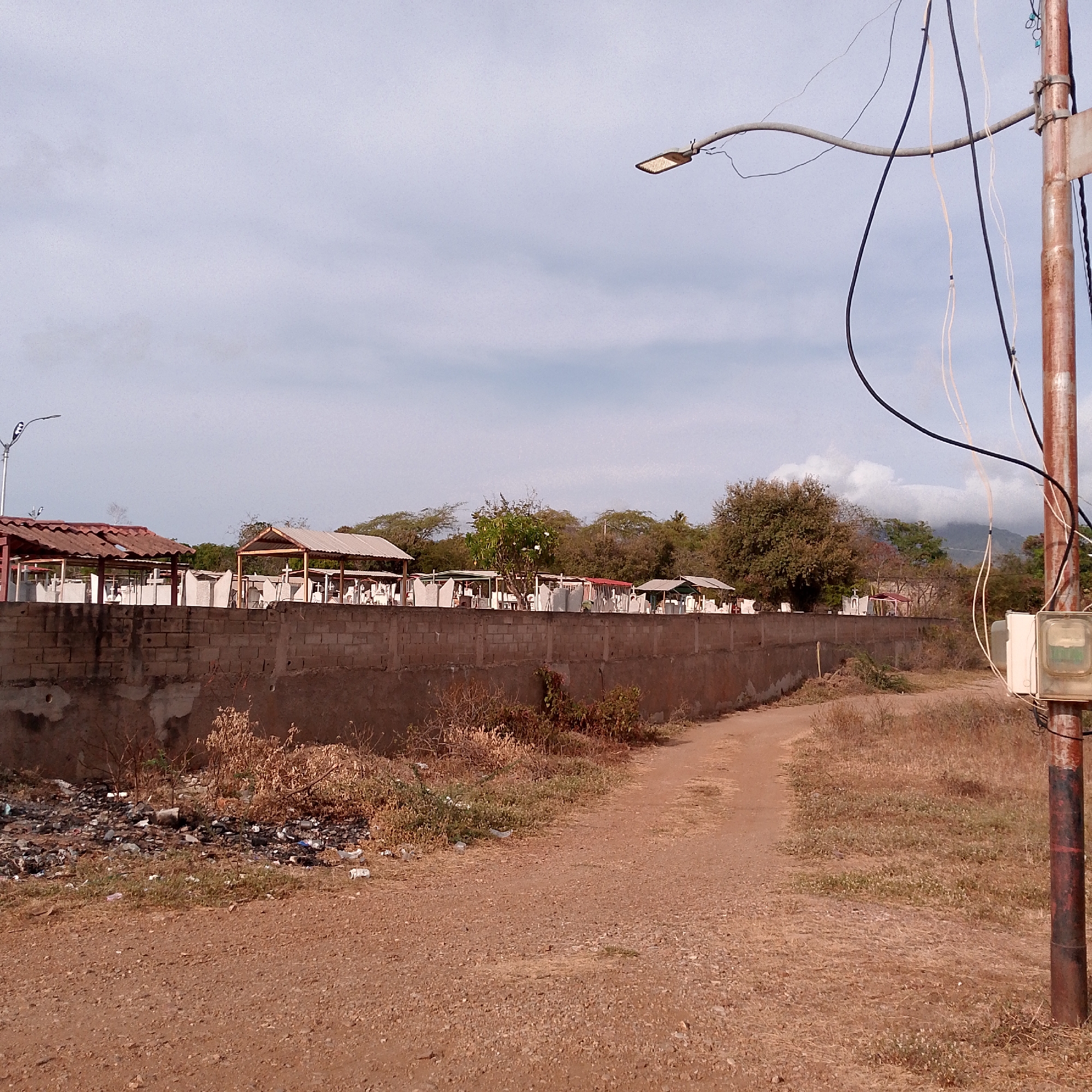 The image presents a view of a cemetery located in Altagracia, Venezuela. A low, concrete wall separates the cemetery from a dirt path. Behind the wall, numerous grave markers and small shelters are visible. In the foreground, scattered trash and dry vegetation are present near the base of the wall, while the dirt path stretches toward the background. A weathered utility pole stands on the right side of the frame, with attached electrical wires. A street light is positioned above the pole. In the distance, trees and a hazy mountain are visible under an overcast sky.