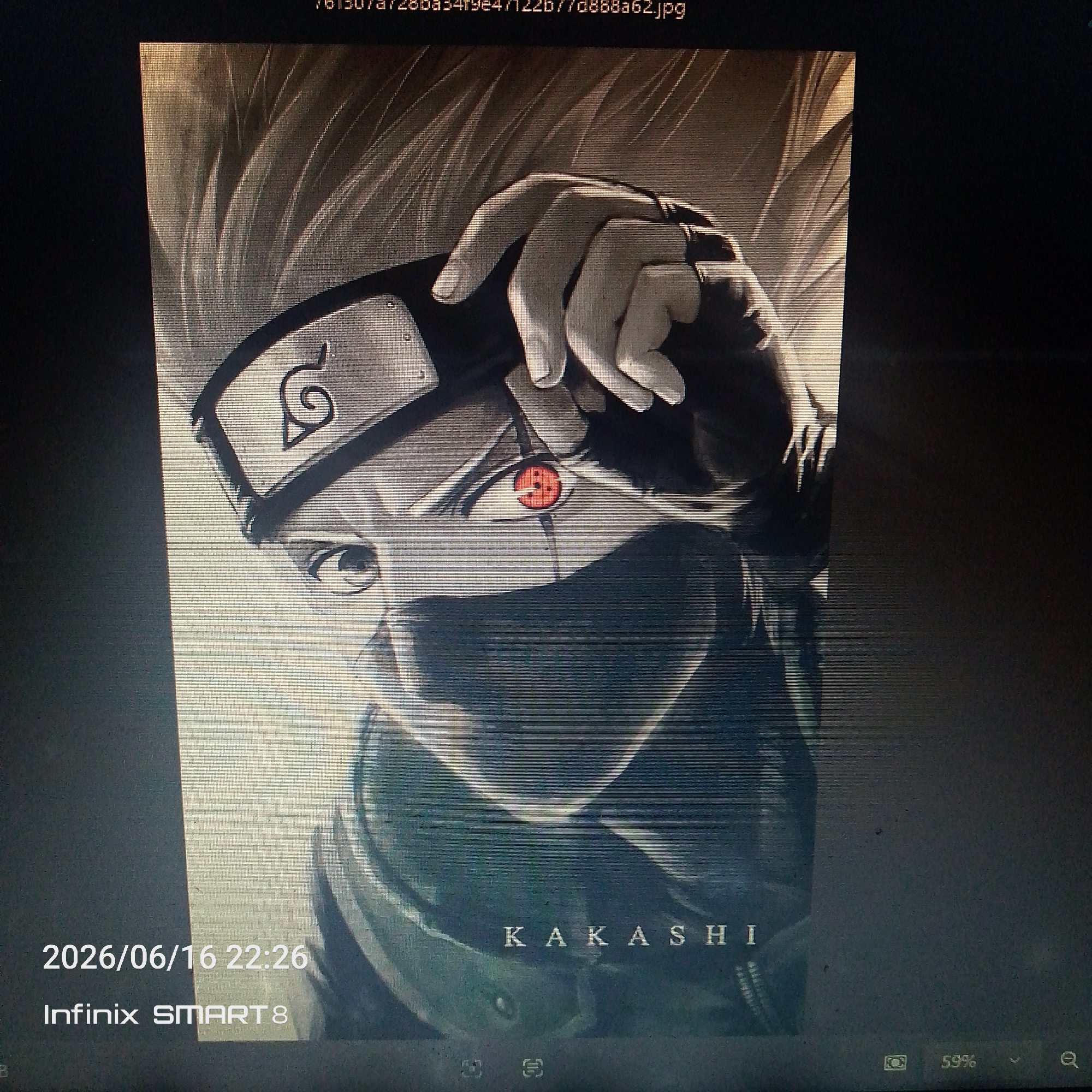 The image displays a digital artwork of the anime character Kakashi Hatake, from the series Naruto. He is depicted in a close-up portrait, wearing his signature forehead protector and a black mask covering the lower half of his face. His left eye is visible, and his right eye features the Sharingan, a red ocular-based jutsu with three tomoe. His hand is raised to his forehead protector, partially obscuring it. The artwork is in a realistic, stylized manner with a focus on dramatic lighting and shading. The background is dark and indistinct. Below the artwork, timestamps and device information are visible: "2026/06/16 22:26" and "Infinix SMART 8". The word "KAKASHI" is also displayed as text superimposed on the image. The overall scene is a digital display of an anime character portrait.