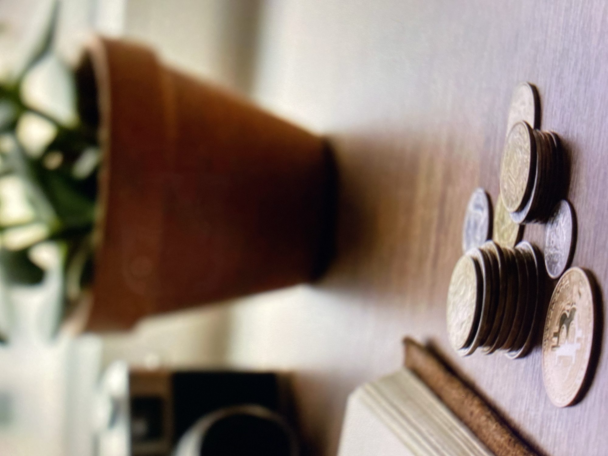 The image depicts a close-up shot of several coins stacked on a wooden surface. In the foreground, a single coin with a Bitcoin symbol is prominently displayed. Behind it, a stack of other coins is visible, along with a few scattered coins. To the left, a portion of a notebook or journal is partially visible, resting on a brown textured object. In the background, out of focus, is a terracotta pot containing a green plant and what appears to be a camera. The lighting suggests an indoor setting, possibly near a window. There is no indication of Kuta Selatan, Indonesia, or any specific urban environment in the image.