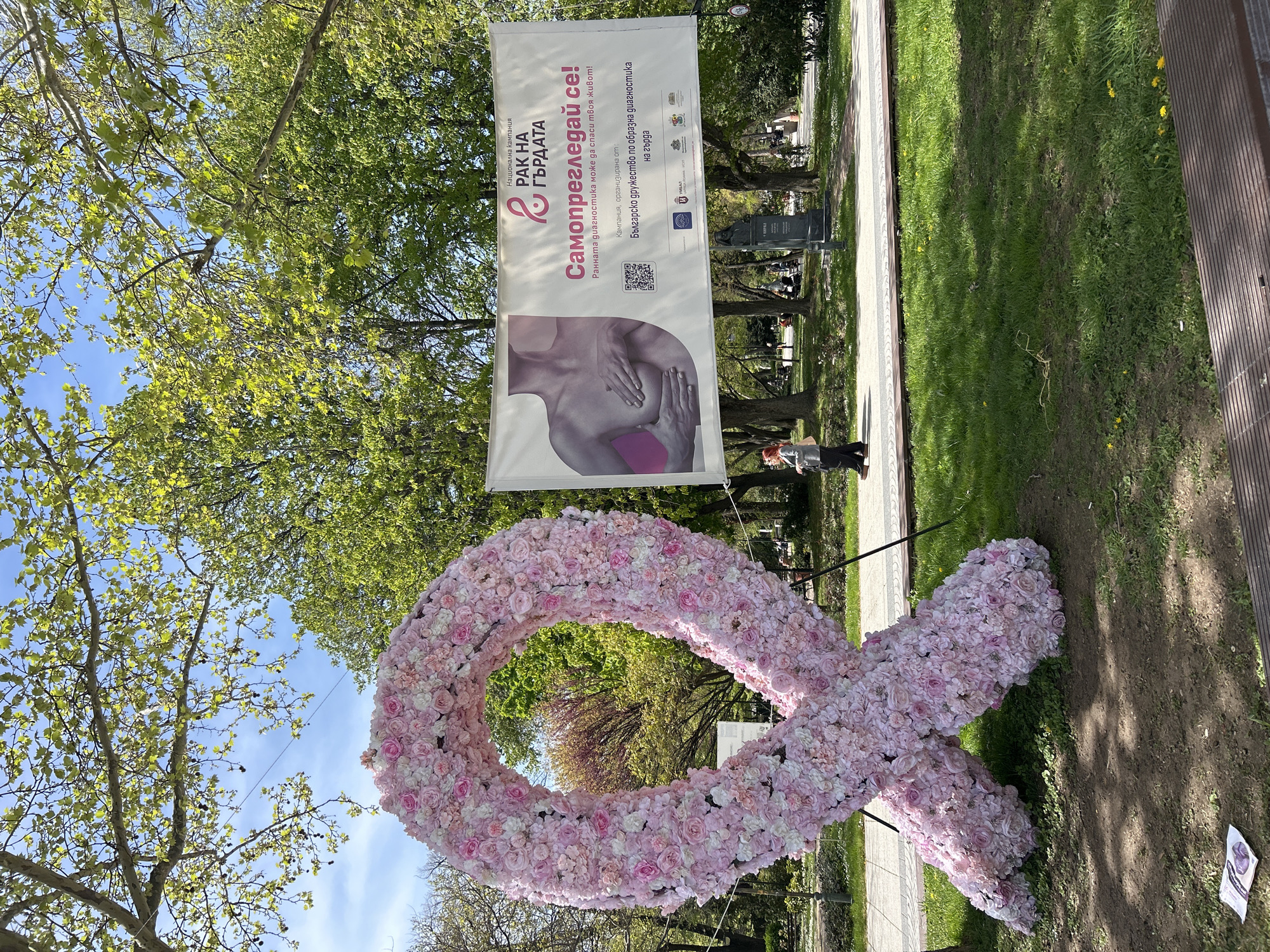 This vibrant image captures an outdoor breast cancer awareness display in a park-like setting in Plovdiv, Bulgaria, under a clear blue sky on a bright, sunny day. The central focus is a large, elaborate sculpture of a pink ribbon, the international symbol for breast cancer awareness, meticulously crafted from numerous artificial pink and white flowers.
Behind this floral ribbon, a tall white banner hangs vertically, prominently featuring text in Bulgarian. The banner announces a "Национална кампания" (National Campaign) titled "РАК НА ГЪРДАТА" (Breast Cancer). A direct call to action, "Самопрегледай се!" (Examine yourself! / Self-examine!), is highlighted, followed by the crucial message: "Ранната диагностика може да спаси твоя живот!" (Early diagnosis can save your life!). An image on the banner depicts hands performing a self-examination on a chest. The campaign is stated to be organized by "Българско дружество по образна диагностика на гърда" (Bulgarian Society of Breast Imaging), with various organizational logos and a QR code also visible.
The setting includes a paved pathway to the left of the display and a grassy area with scattered dandelions. Lush green trees with fresh spring foliage frame the scene, suggesting a pleasant time of year. A person is partially visible walking along the pathway in the middle distance, wearing dark trousers and a light top, and other faint figures can be seen further down. A dark park bench is on the far right, and a historical-looking statue is faintly visible in the background to the left of the banner. The bright daylight indicates it's likely late morning or early afternoon, creating a clear and inviting atmosphere for public engagement with this important health message.