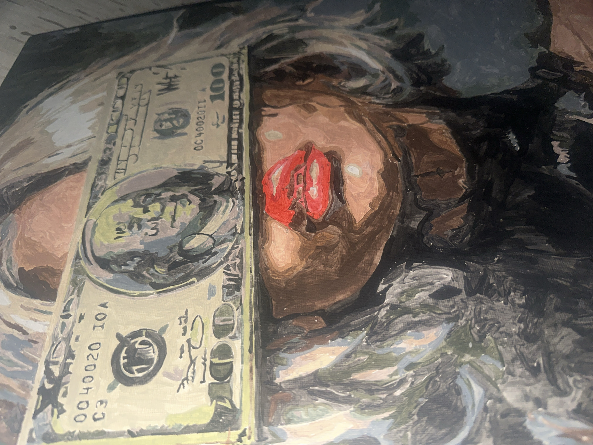 A painting of a person with a US one hundred dollar bill over their left eye. The person has dark hair, fair skin, and red lipstick. The background is a mix of gray and white paint strokes. The scene does not suggest a specific location in the city of Высокий, Russia.