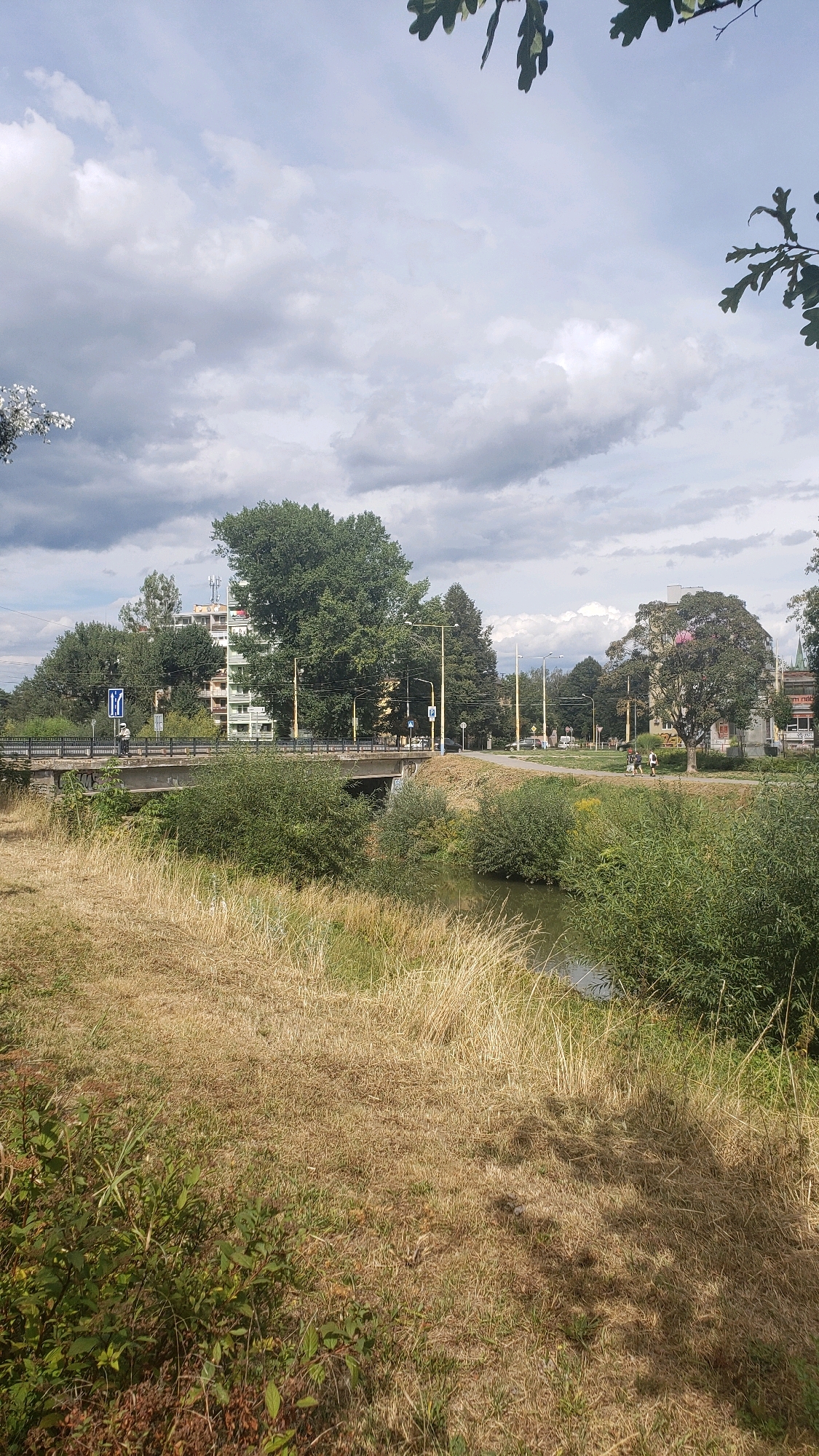 The image depicts a scenic view of a bridge crossing a river in Prešov, Slovakia. The bridge, made of concrete and metal, spans the water, with a sidewalk and a road. Several trees and lush green bushes surround the riverbanks. On the far side of the bridge, a tall residential building with multiple stories is visible, accompanied by smaller buildings and streetlights. The sky above is partly cloudy, with a mix of sunlight and shade. In the foreground, dry grass covers the ground, with some green plants interspersed. A few individuals are seen walking on the bridge, while others are near the river on the opposite bank. The scene suggests a tranquil urban environment with natural elements.