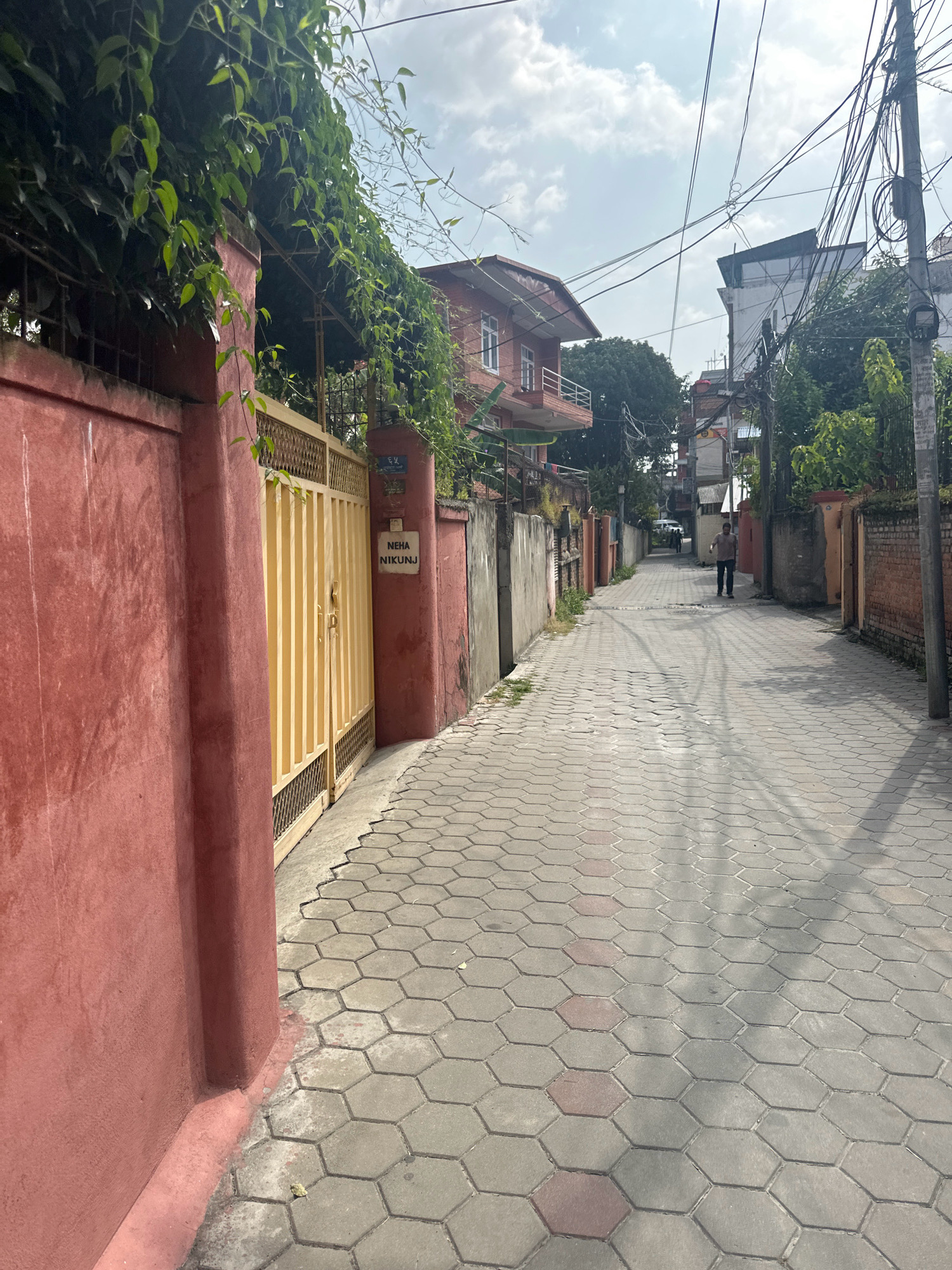 This is a photograph of a street in Lalitpur, Nepal. The street is paved with hexagonal interlocking concrete blocks. On the left side of the street, there is a tall, reddish-pink wall with a yellow metal gate. Above the wall and gate, there is dense green foliage. A sign on a post near the gate reads "NEHA NIKUNJ". Further down the street, there are buildings made of brick and concrete, some with balconies. A person is walking away from the camera down the street. Utility poles with a dense network of electrical wires are visible above the buildings. The sky is partly cloudy. The image was taken during the daytime.