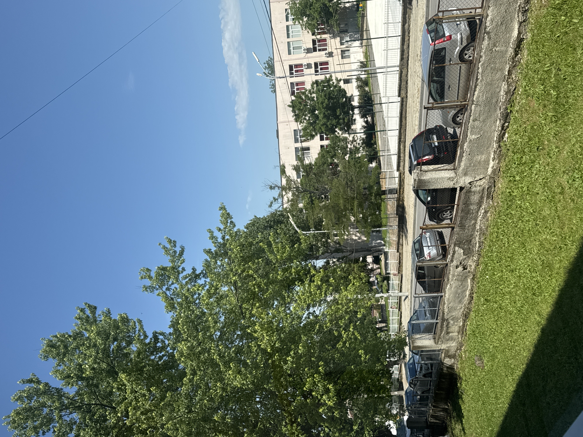 The image shows a street scene on a sunny day. There are several cars parked in a row along a curb. A building is visible in the background. The location appears to be a residential area. There are green trees and grass present.