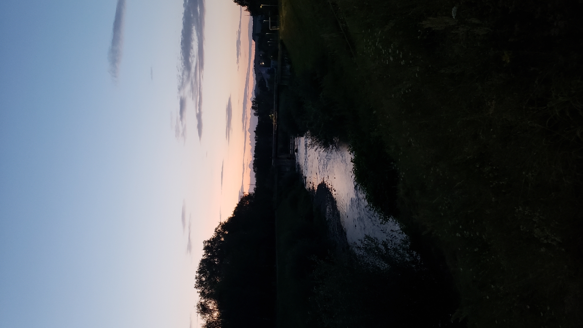 This image captures a serene dusk scene in Prešov, Slovakia, along the Torysa River. The sky is a gradient of soft blues and pinks, transitioning from a clear expanse at the top to subtle hues near the horizon where scattered clouds drift.
Dominating the left side of the frame is a dense line of dark trees, their silhouettes stark against the fading light. The Torysa River flows from the mid-ground towards the foreground, its surface reflecting the muted colors of the sky and appearing somewhat turbulent with visible ripples and light glints. The riverbanks are lined with lush, dark green foliage, some of which dips into the water.
In the mid-ground, a concrete bridge crosses the river, its structure visible but not the main focus. Beyond the bridge, lights are visible, suggesting a settled area, possibly a residential or industrial zone, with some streetlights casting faint glows on the right side of the image. The overall atmosphere is tranquil and slightly melancholic, characteristic of twilight. The vegetation in the foreground is dense and dark, with hints of small white flowers or seeds scattered throughout, adding a touch of delicate detail to the otherwise shadowed area.