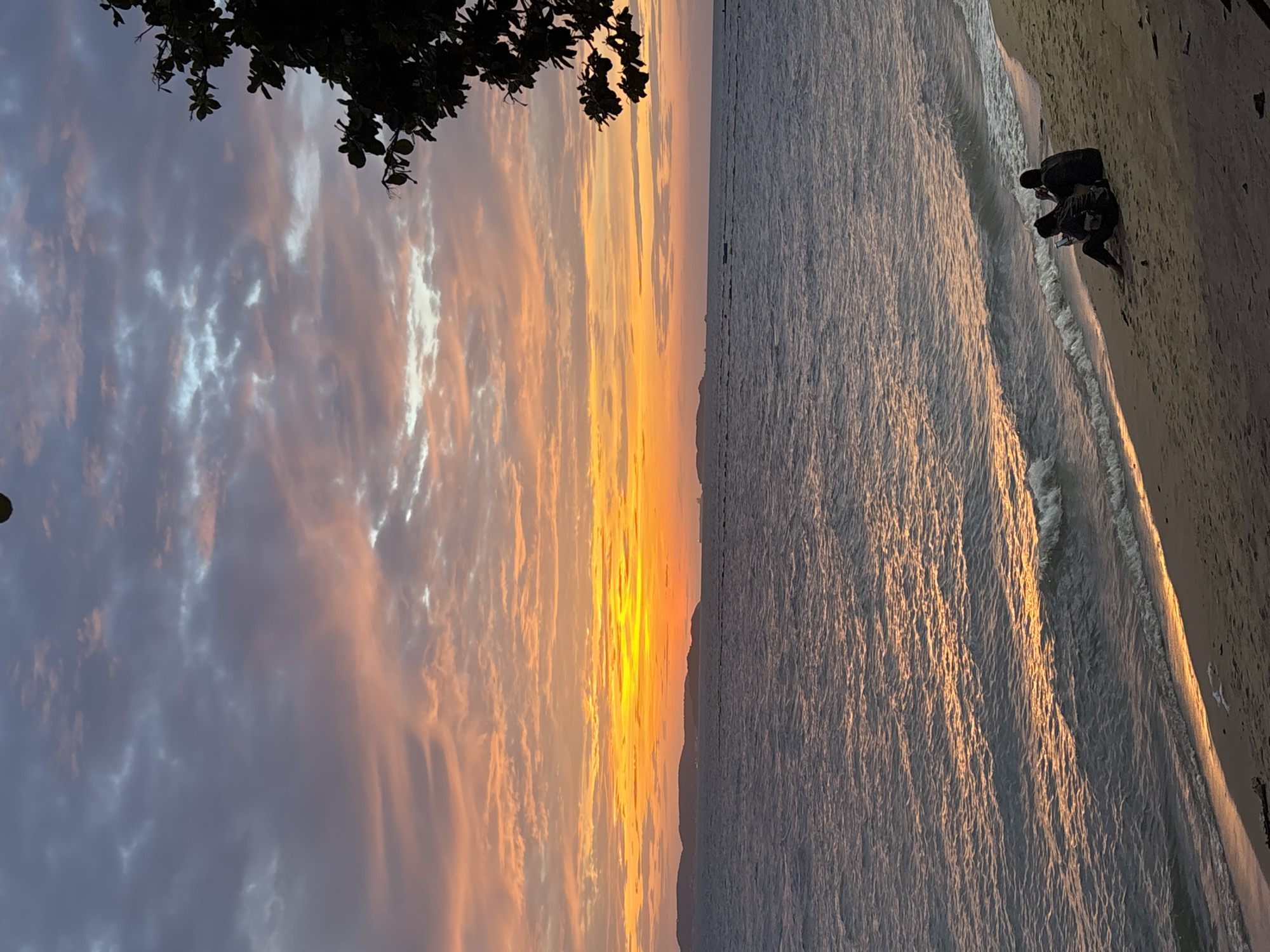 The image depicts a serene sunset scene at a beach in Pattaya City, Thailand. The sky is painted with vibrant hues of orange, pink, and purple, with scattered clouds adding texture to the celestial canvas. The ocean stretches out towards the horizon, with gentle waves lapping at the sandy shore. In the foreground, two individuals are seated on the beach, engrossed in their respective devices, a mobile phone and what appears to be a camera. A tree branch with leaves is visible in the upper right corner, silhouetted against the colorful sky. The overall ambiance is one of tranquility and peaceful reflection as the day draws to a close.