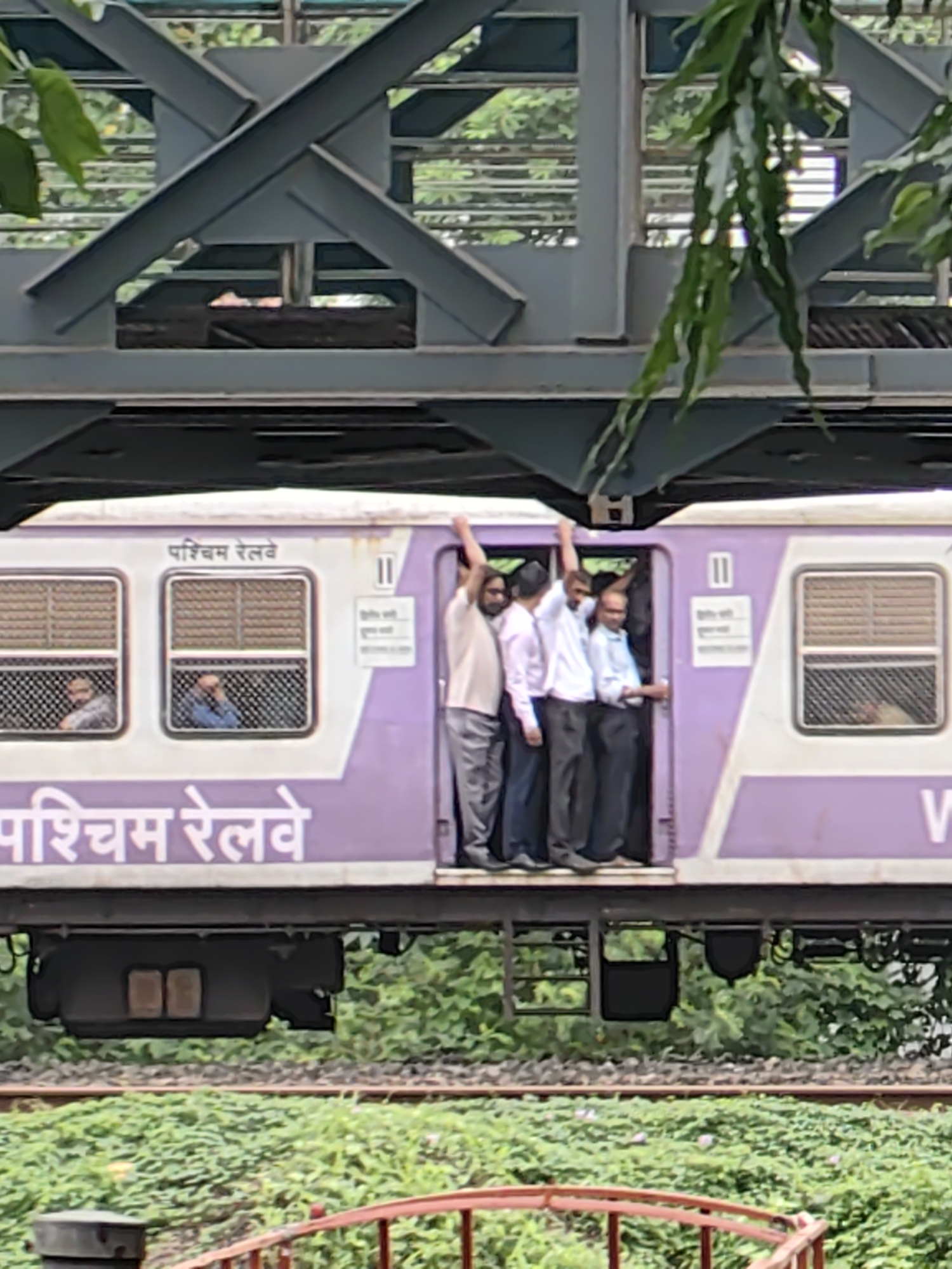 The image captures a scene of a crowded local train in Mumbai, India. The train carriage is painted in purple and white, with "पश्चिम रेलवे" (Paschim Railway) written in Hindi on its side. Several men are hanging out of the open door of the train, with their arms raised, holding onto the door frame for support. Some men are also visible inside the train through the windows. The train is on a railway track, with lush green vegetation in the background. An elevated railway bridge with a grey metal structure is visible overhead, casting a shadow on the train. The overall impression is one of a typical, overcrowded Mumbai local train during peak hours.