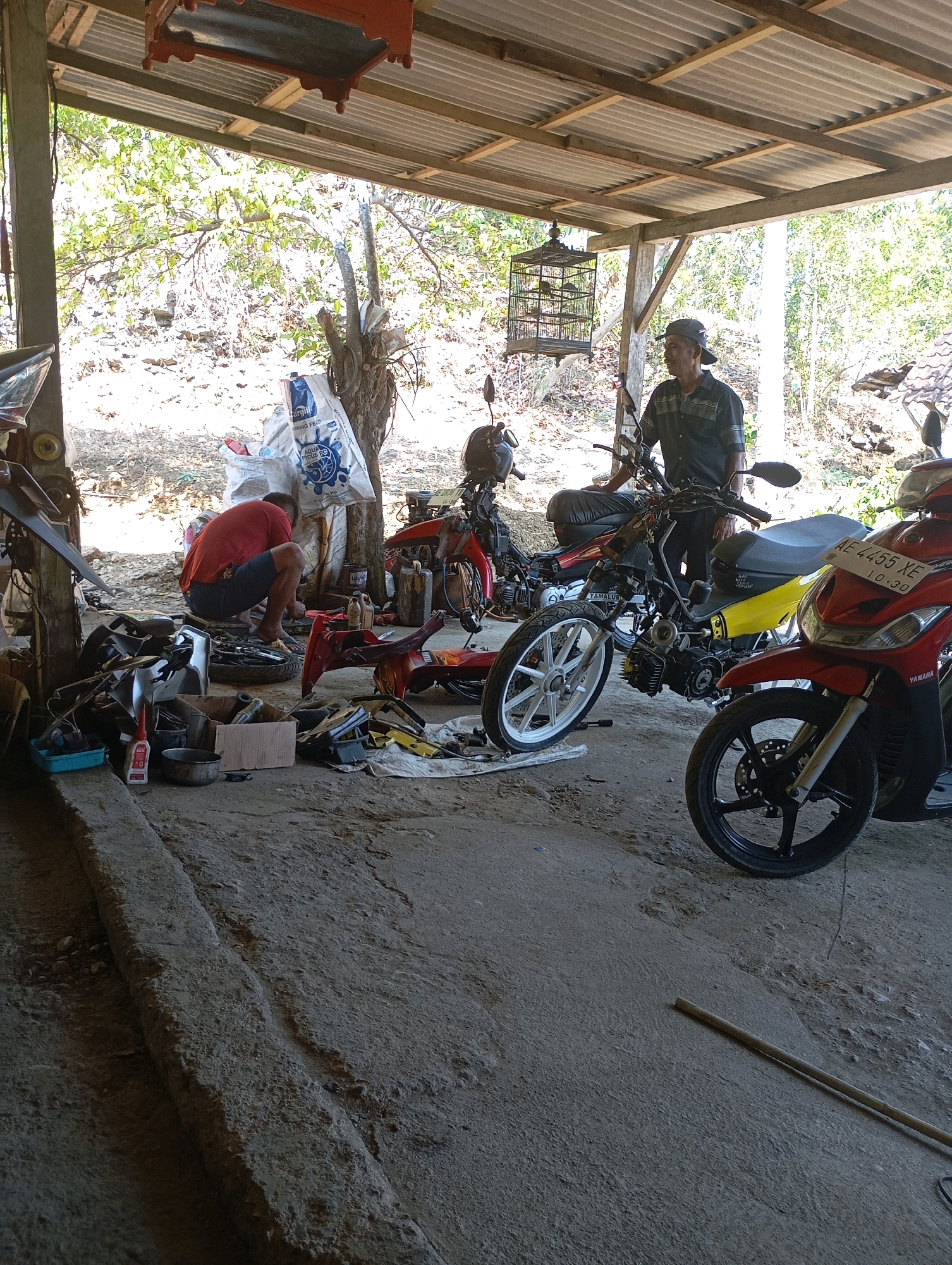 This is a wide-angle, medium-shot image taken in what appears to be an open-air workshop, possibly in Ketepung, Indonesia. The scene depicts a repair area for motorcycles. In the foreground, concrete ground is visible with a raised concrete barrier running diagonally. Various motorcycle parts, tools, and supplies are scattered across the ground.
Two men are present in the image. One man, wearing a red t-shirt and dark shorts, is squatting and actively working on a motorcycle, which is partially disassembled. He is positioned towards the left side of the frame. Another man, wearing a patterned dark shirt and a cap, stands to the right, looking towards the left. He appears to be observing or supervising.
Several motorcycles are in various states of repair or assembly. A red motorcycle is in the foreground on the right, and another red motorcycle is visible in the background on the left. A yellow motorcycle with a black seat is positioned between the two men.
The workshop is covered by a corrugated metal roof supported by wooden beams, suggesting an outdoor or semi-outdoor structure. Beyond the workshop, the background shows a natural environment with trees and foliage, and a steep, rocky incline. A birdcage containing birds is hanging from the roof structure. The lighting suggests a bright, sunny day. The overall impression is a functional, utilitarian space dedicated to motorcycle repair.