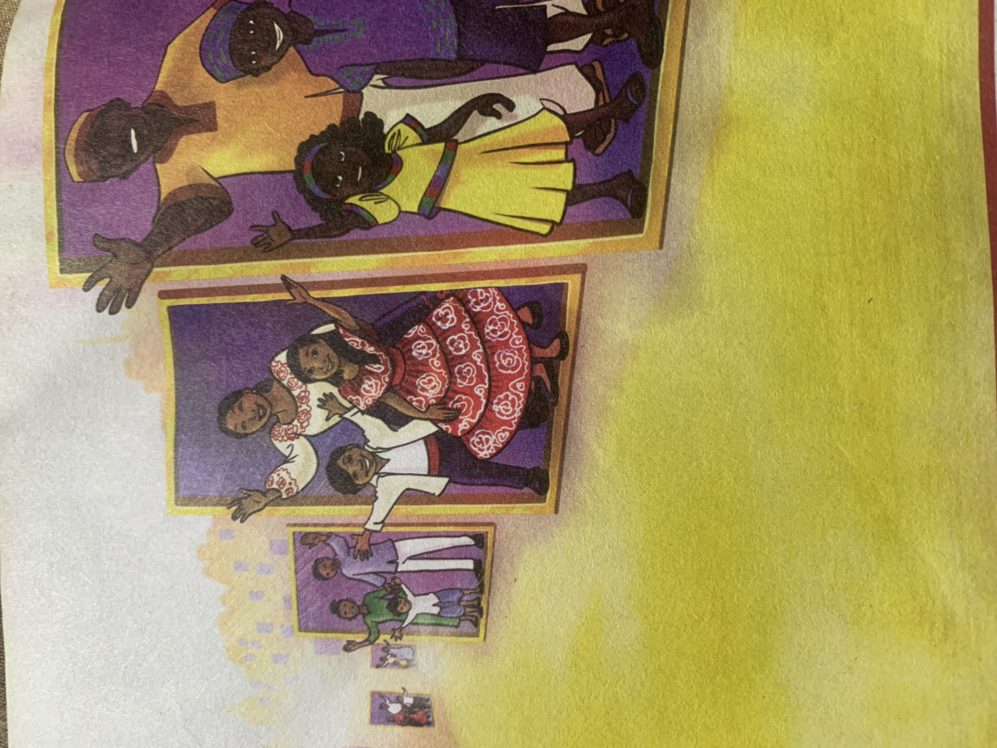 The image depicts an illustration of framed portraits on a wall, featuring various groups of people waving. The portraits are hung against a pale, textured background, with a suggestion of a city skyline in soft hues of yellow and purple in the upper left corner. The foreground is dominated by a bright yellow, textured surface.
In the leftmost portrait visible, a family of four is depicted: an adult in green, an adult in purple, a smaller adult or older child in purple, and a child in white and blue. To their right, a larger portrait showcases a family of three: an adult woman in a white and red embroidered top, a child in a red and white patterned dress, and a child in a white shirt and purple pants.
The largest and most prominent portrait on the right displays a group of three individuals. At the back, a man in a yellow top and a brown cap is waving. In front of him, a child in a yellow dress and headband is waving. To the right of the child, a person in a purple top and hat is visible, also waving.
There is no information within the image that indicates the location is the city of Jauro Yinu, Nigeria.