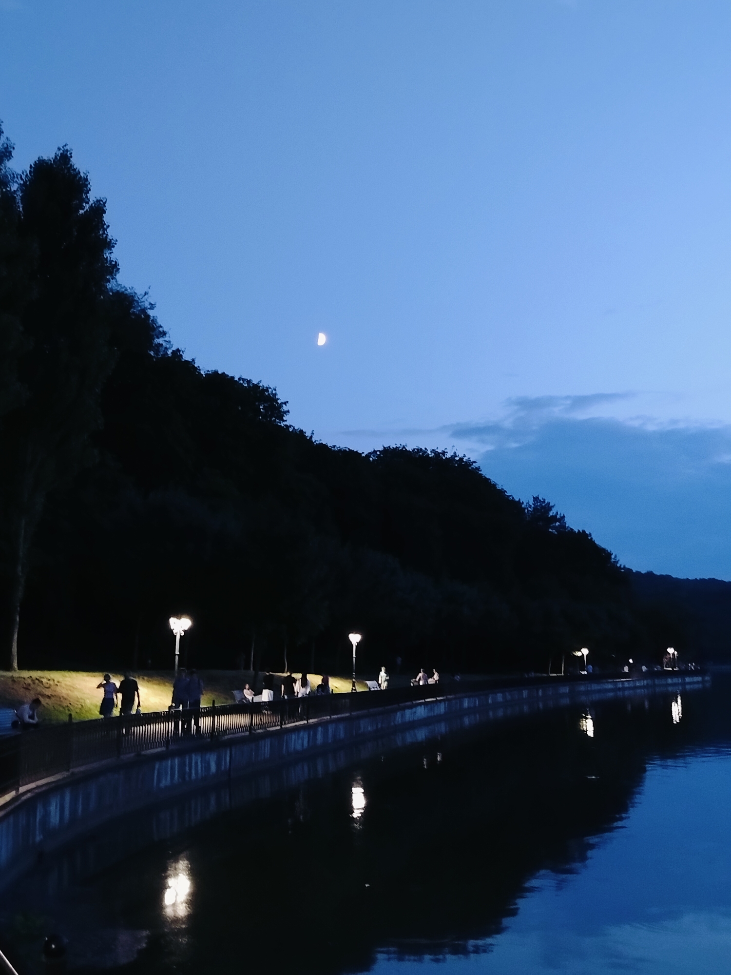 The image depicts a serene evening scene along a waterfront promenade in Chișinău, Moldova. The time of day is twilight, with the sky a deep blue transitioning to lighter hues near the horizon, where a sliver of the moon is visible. Gentle clouds dot the upper right portion of the sky.
The foreground is dominated by a dark, calm body of water reflecting the ambient light. A paved walkway runs along the edge of the water, bordered by a black metal railing. Several people are visible on the promenade, enjoying the evening. Some are strolling, while others are seated on benches or standing, appearing relaxed and contemplative. The figures are silhouetted against the warm glow of streetlights that line the path, casting pools of light on the walkway and the grassy area behind it.
To the left of the promenade, a densely wooded hillside rises steeply, its trees appearing as a dark, almost black mass against the twilight sky. The foliage is thick and creates a dramatic contrast with the illuminated walkway and water. The overall mood is peaceful and tranquil, suggesting a pleasant leisure activity in a park-like setting. No visible text is present in the image.