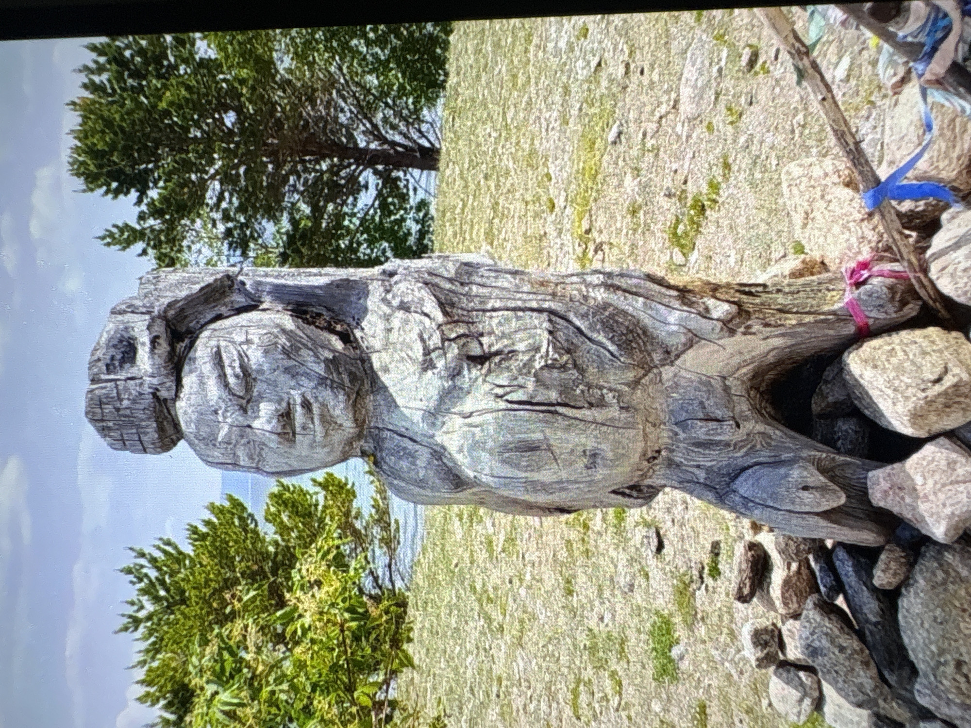 The image shows a weathered wooden sculpture of a human-like figure standing upright. The sculpture has a crude carving of a face with prominent features, and its body appears somewhat rounded and disproportionate. It is positioned outdoors in a grassy area with scattered rocks at its base. Behind the sculpture, there is a body of water, possibly a lake or sea, bordered by a tree-lined shore under a cloudy sky. The overall scene suggests a natural, possibly remote, setting. This image is not located in Batumi, Georgia.