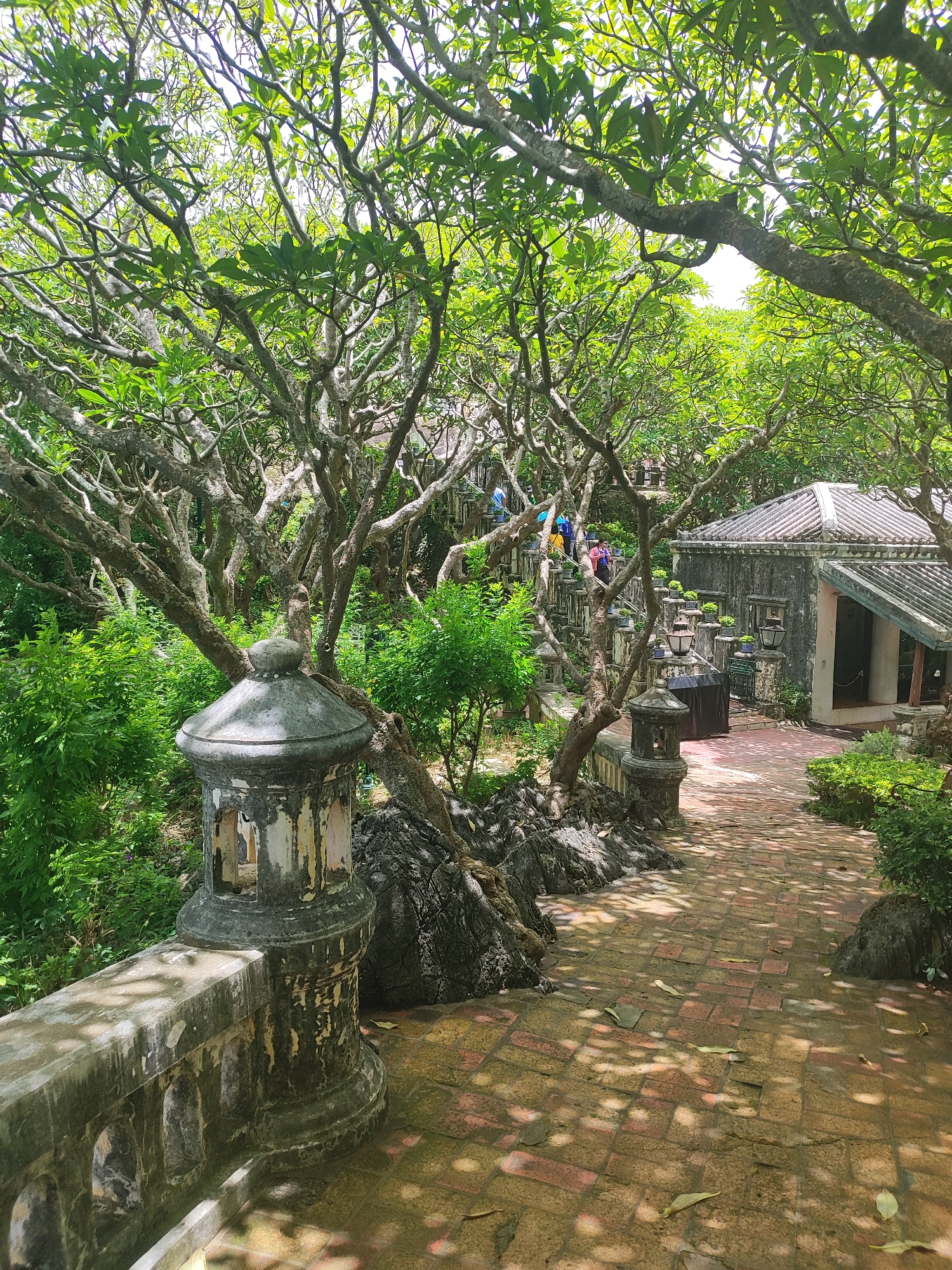 This image depicts a scenic pathway within the Wat Khao Luang cave temple complex in Phetchaburi, Thailand. The pathway is paved with red bricks and is lined with a stone balustrade on the left, featuring decorative arches. To the right of the path, a weathered stone structure, possibly a building or pavilion with a tiled roof, is visible. The pathway is shaded by the dense foliage of numerous trees with gnarled branches, characteristic of the area's natural environment. Several people, dressed in casual attire, are walking up a stone staircase in the background. The lighting suggests it is daytime, with dappled sunlight filtering through the leaves, casting shadows on the path.