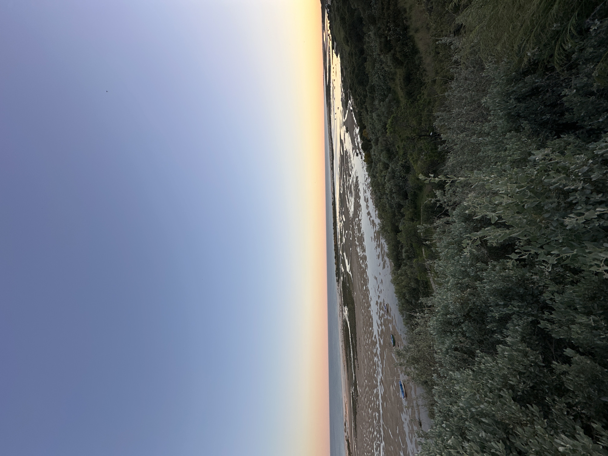 The image shows a landscape with a clear blue sky blending into a gradient of orange and yellow towards the horizon. Adjacent to the sky is a strip of land with a beach, tidal pools reflecting the sky, and sparse vegetation. Two boats are visible on the beach. The land is fringed by dense green vegetation and trees. The photo appears to be taken at or near Vila Real de Santo António, Portugal, considering the coastal environment and vegetation typical of the Algarve region.