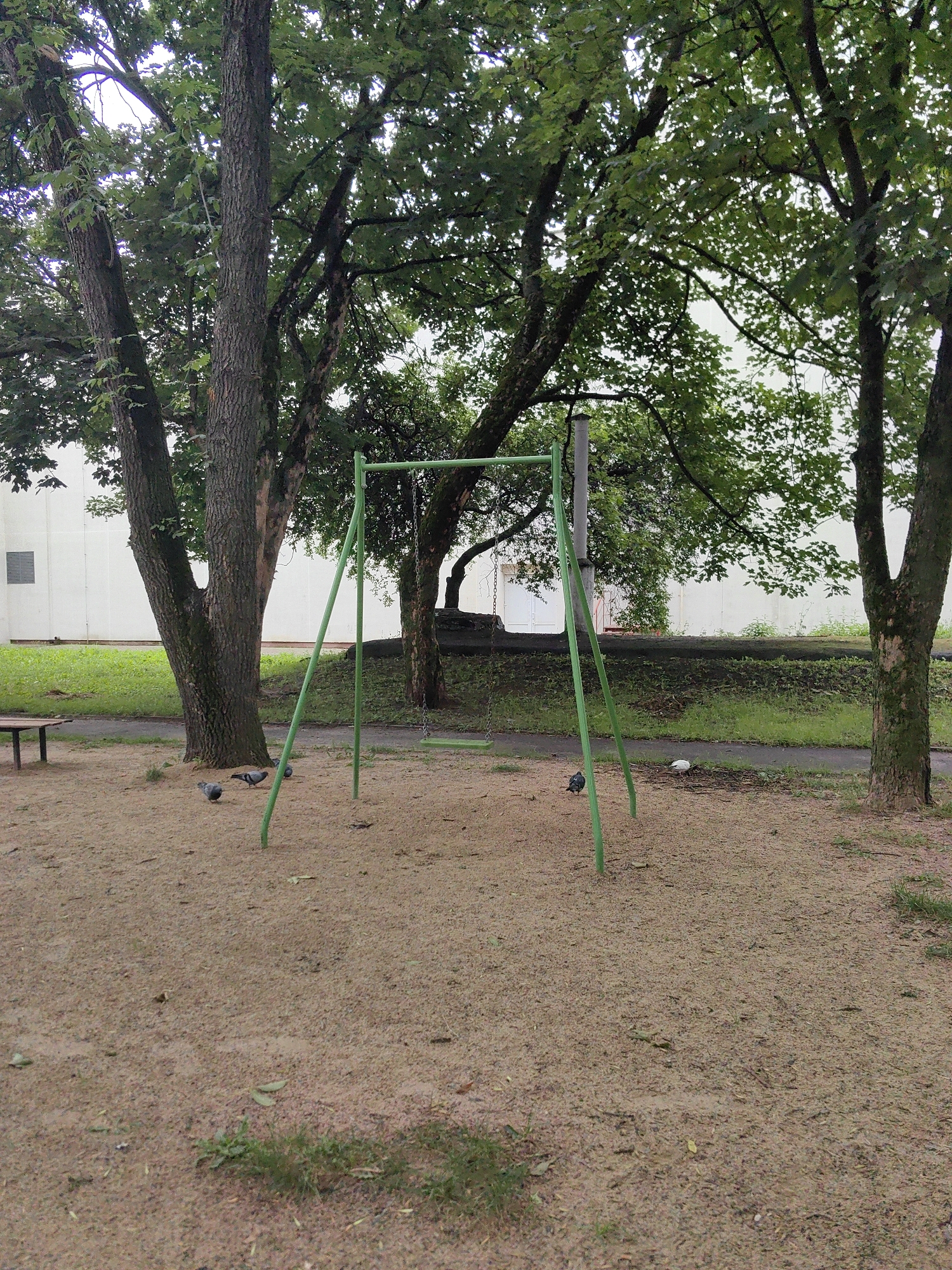 In a public outdoor space, a green metal swing set stands in the center of the frame, its seat hanging by chains. The ground beneath is a mixture of sand and dirt, with scattered leaves and sparse patches of grass. To the left, a portion of a wooden bench is visible. Several pigeons are present on the ground around the swing set. Mature trees with dense green foliage frame the scene from the sides and overhead, casting shadows. In the background, a plain white building with a few windows is situated behind a strip of green grass and a low embankment. The overall impression is that of a slightly worn, but functional, neighborhood playground or park area, likely within the city of Minsk, Belarus.