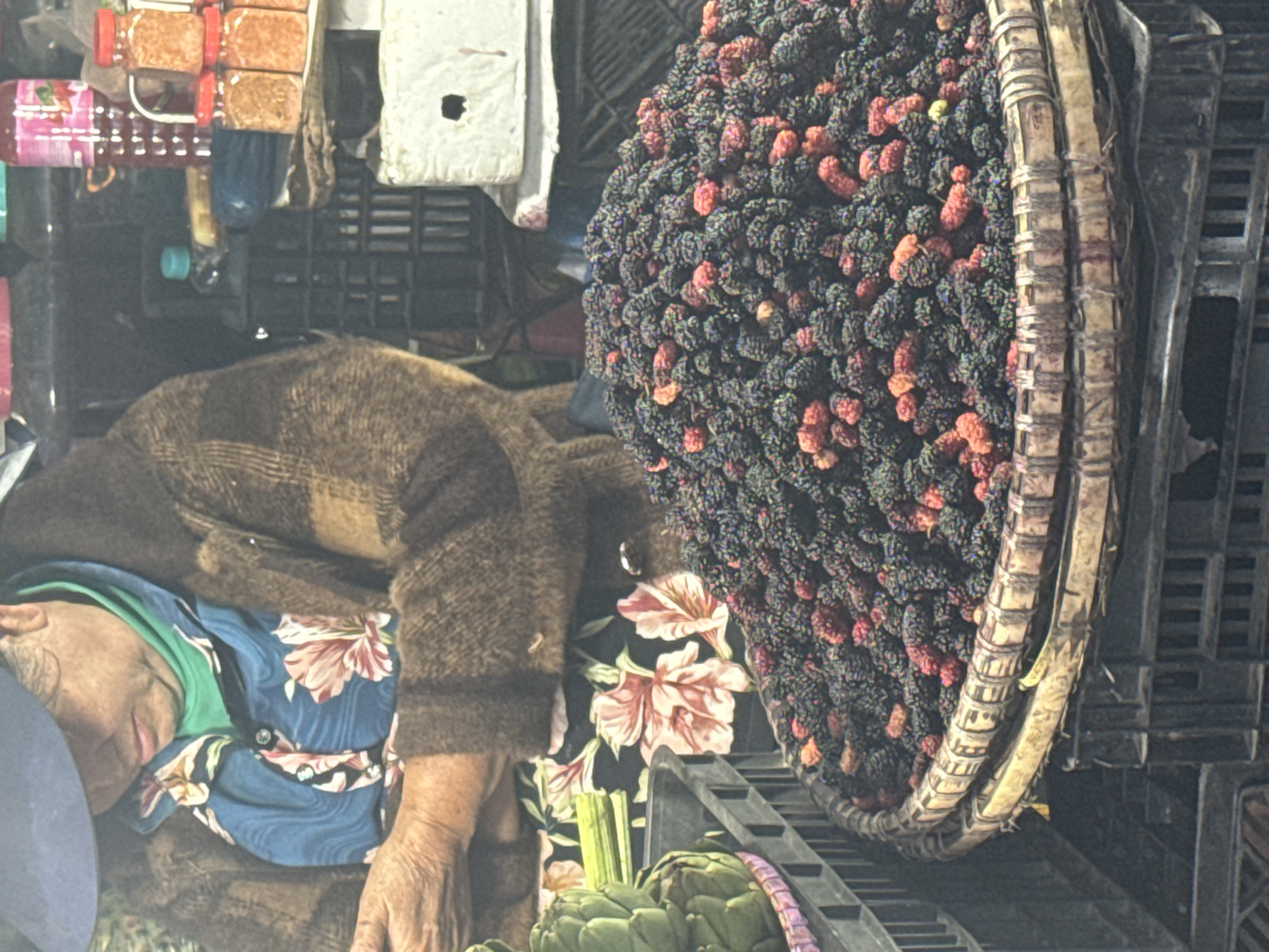 An elderly woman sleeps near a basket of mulberries in a market. She wears a blue floral shirt, a green undershirt, and a brown sweater. The basket of mulberries is overflowing, and the woman’s head is resting near the basket. Next to her are some artichokes. In the background are other market items, including food and drinks, and storage crates. The location is likely a market in Da Lat, Vietnam.
