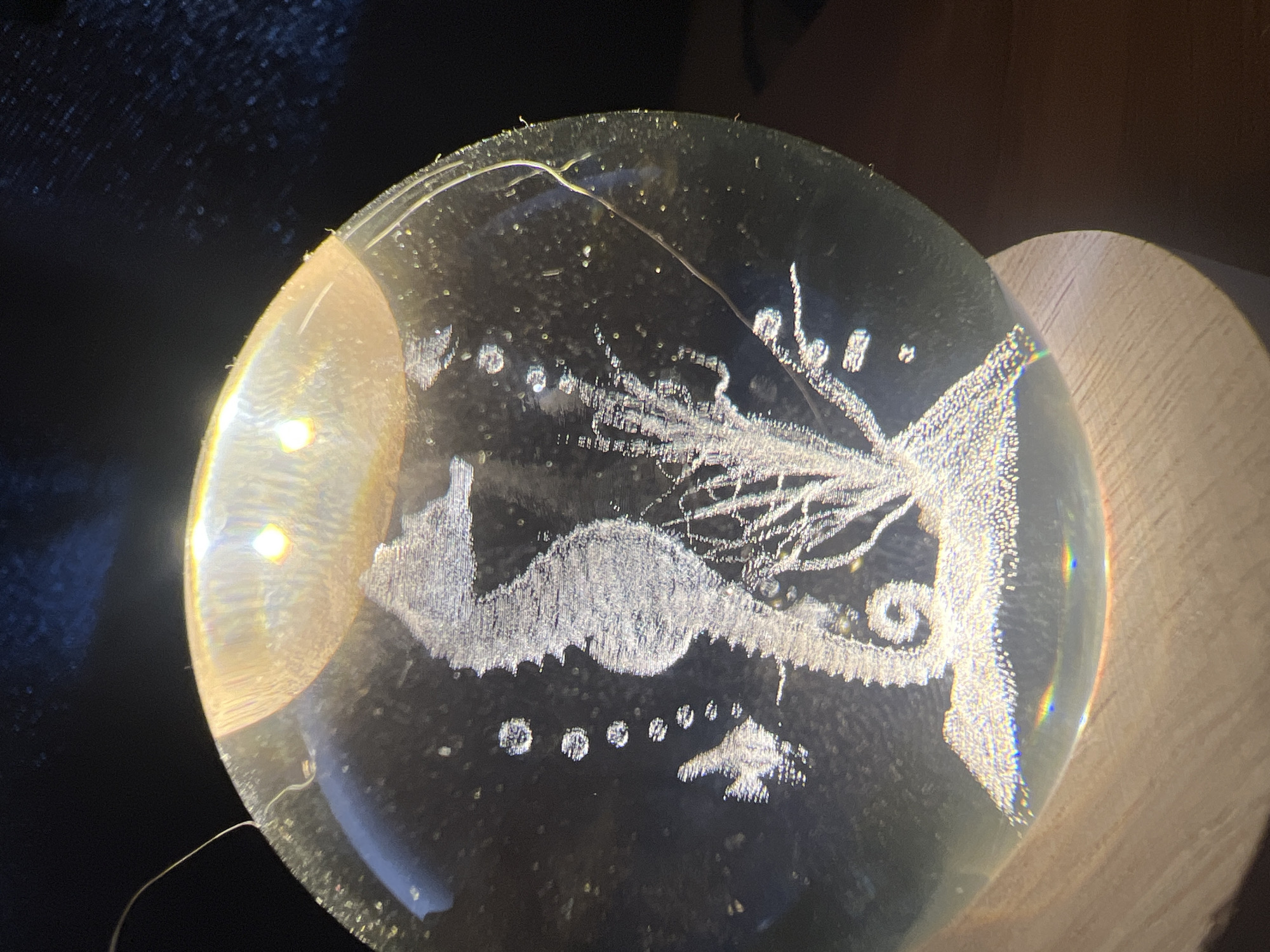 A clear glass orb, possibly a paperweight or decorative item, sits on a wooden stand. Inside the orb, a detailed etching depicts a seahorse, a small fish, and coral. The seahorse is prominently placed, facing left, with its tail curled. Bubbles are etched around the marine life, suggesting an underwater scene. A bright light source illuminates the orb from the top, creating reflections and highlighting the etched details. The background is dark, with some textured fabric visible. The orb itself appears to have some imperfections or inclusions within the glass. There is no indication of the location in Plovdiv, Bulgaria.