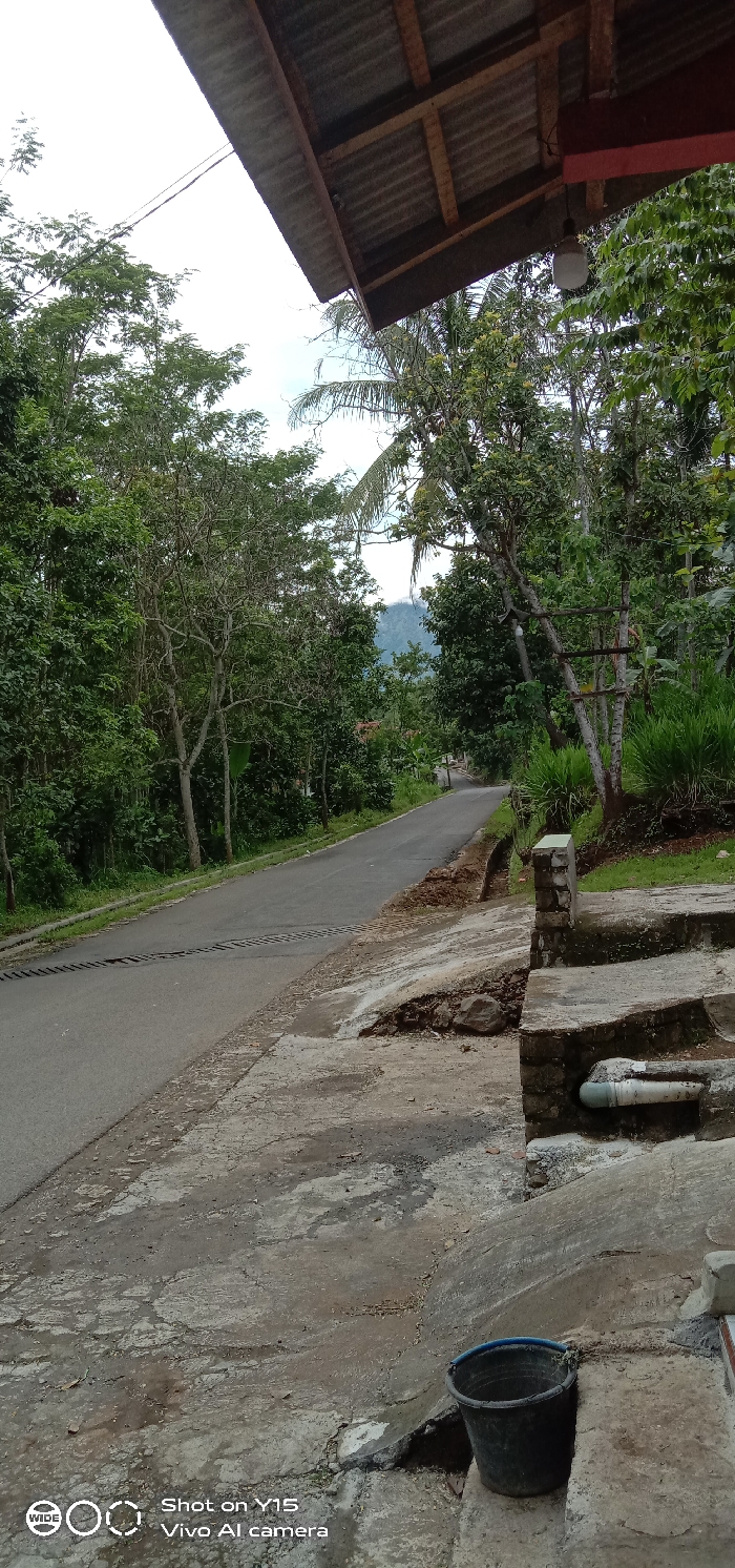 A view from a high angle shows a road with green foliage alongside. A mountain is visible in the background. The foreground features a concrete area with steps leading down, and a black bucket sits at the bottom. Part of a building roof is visible at the top. The scene appears to be in a rural or suburban area.