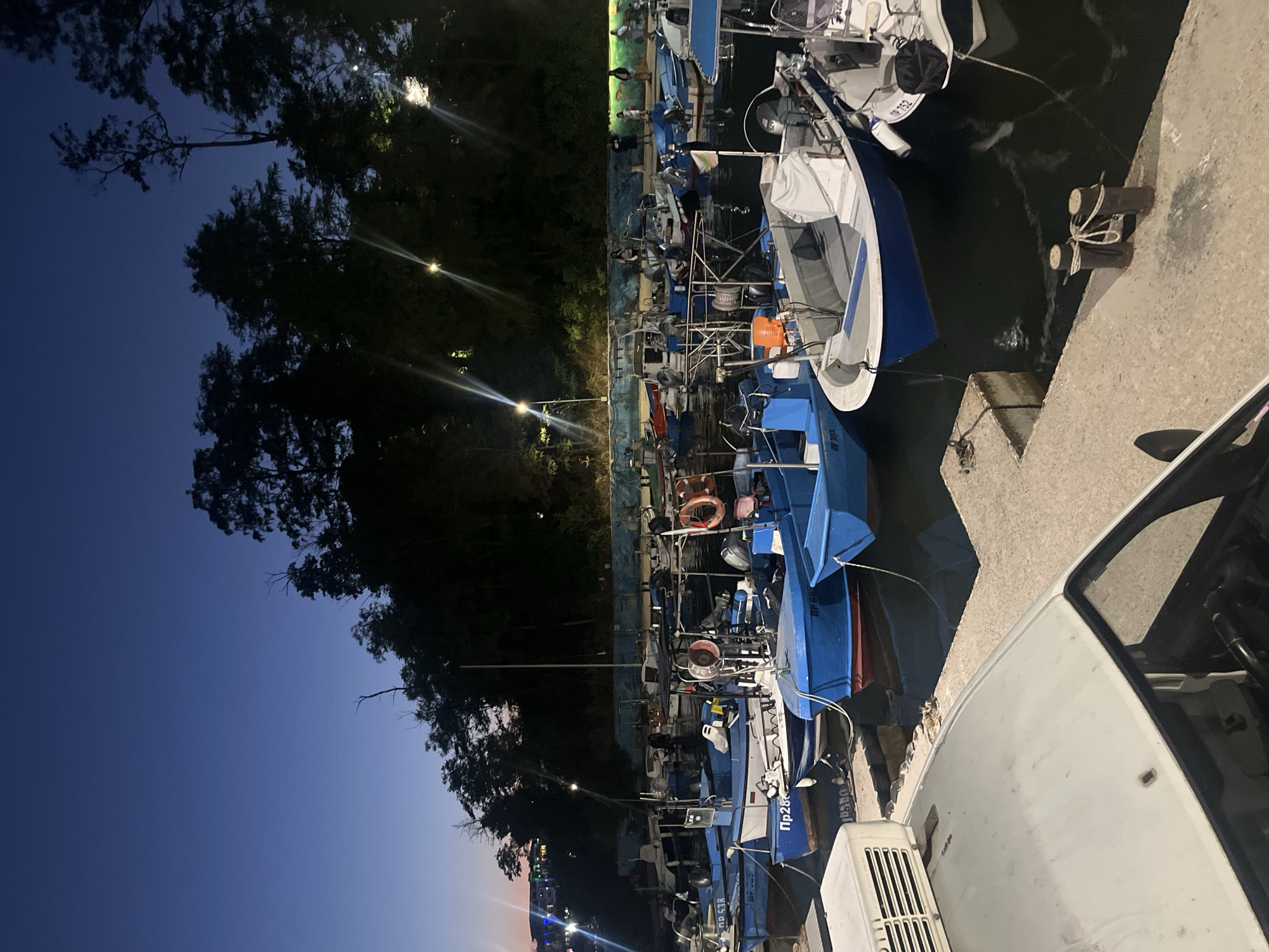 The image depicts a harbor in Primorsko, Bulgaria, at dusk. Numerous small fishing boats are moored in the water, illuminated by artificial lights. The boats are a mix of blue and white, with some showing visible fishing equipment such as nets and buoys. The shoreline is lined with a concrete pier and bollards where the boats are tied. In the background, a dense line of trees creates a dark silhouette against the twilight sky. Further in the distance, on a hill overlooking the harbor, are lights suggesting a populated area. A white vehicle is parked in the foreground, partially obscuring the pier. Several individuals are visible on the pier and near the boats, some appearing to be engaged in activities related to the boats, while others are standing and observing. The overall scene is calm and serene, capturing the end of the day at a working harbor.