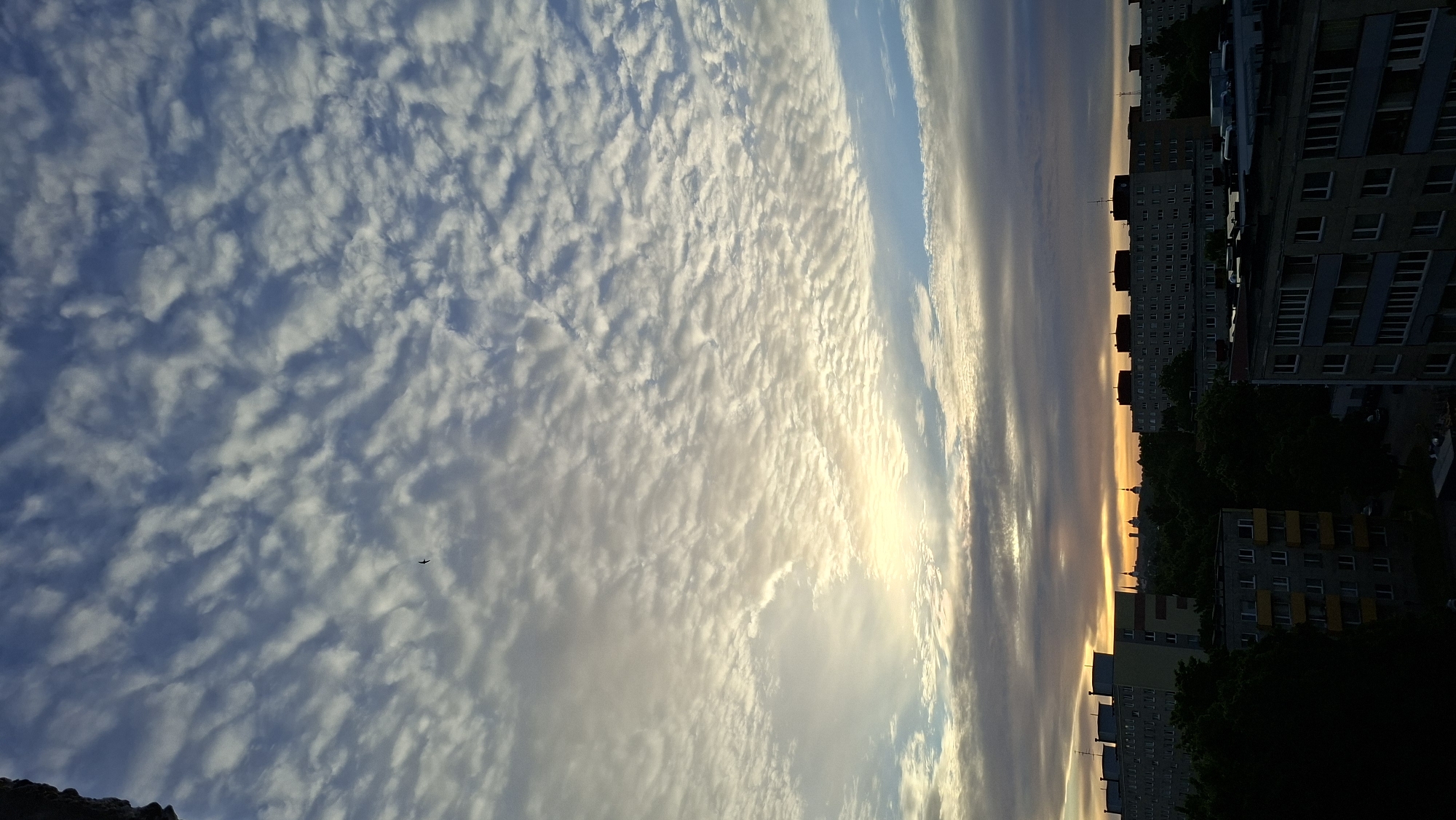 A vertical shot captures the sky over Tallinn, Estonia. The sky is filled with a pattern of small, fluffy white clouds scattered across a blue backdrop, resembling a ripple effect. Towards the horizon, the clouds become more consolidated, with a band of darker gray clouds lying just above the city skyline. Below this cloud layer, a soft orange glow emanates from the setting or rising sun, casting a warm light on the distant buildings. The city itself is a silhouette against the sky, with the outlines of apartment blocks and the distinctive spires of Tallinn's Old Town visible in the distance. Dark green trees punctuate the urban landscape. The foreground is dominated by the dark shapes of closer apartment buildings, their architectural details obscured by shadow. A single bird is visible in the upper portion of the sky, a small dark silhouette against the clouds.