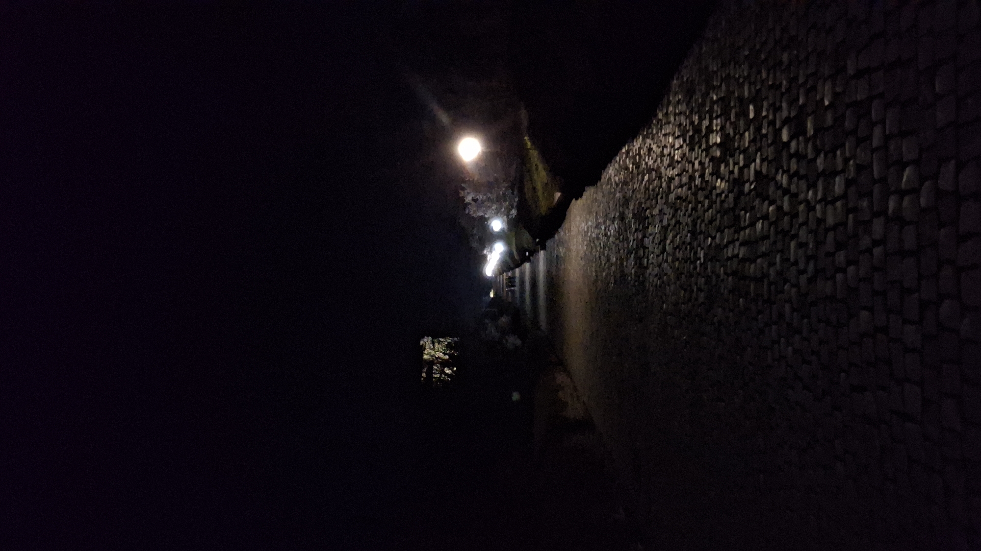 The image shows a dark cobblestone path in Shumen, Bulgaria, illuminated by a series of streetlights. The path runs alongside a high, rough stone wall to the right. Further down the path, lights from distant buildings are visible in the darkness. There are no people or other identifiable subjects in the image. The only actions or interactions apparent are the presence of lights illuminating the path. The environment is dark and appears to be an urban setting.