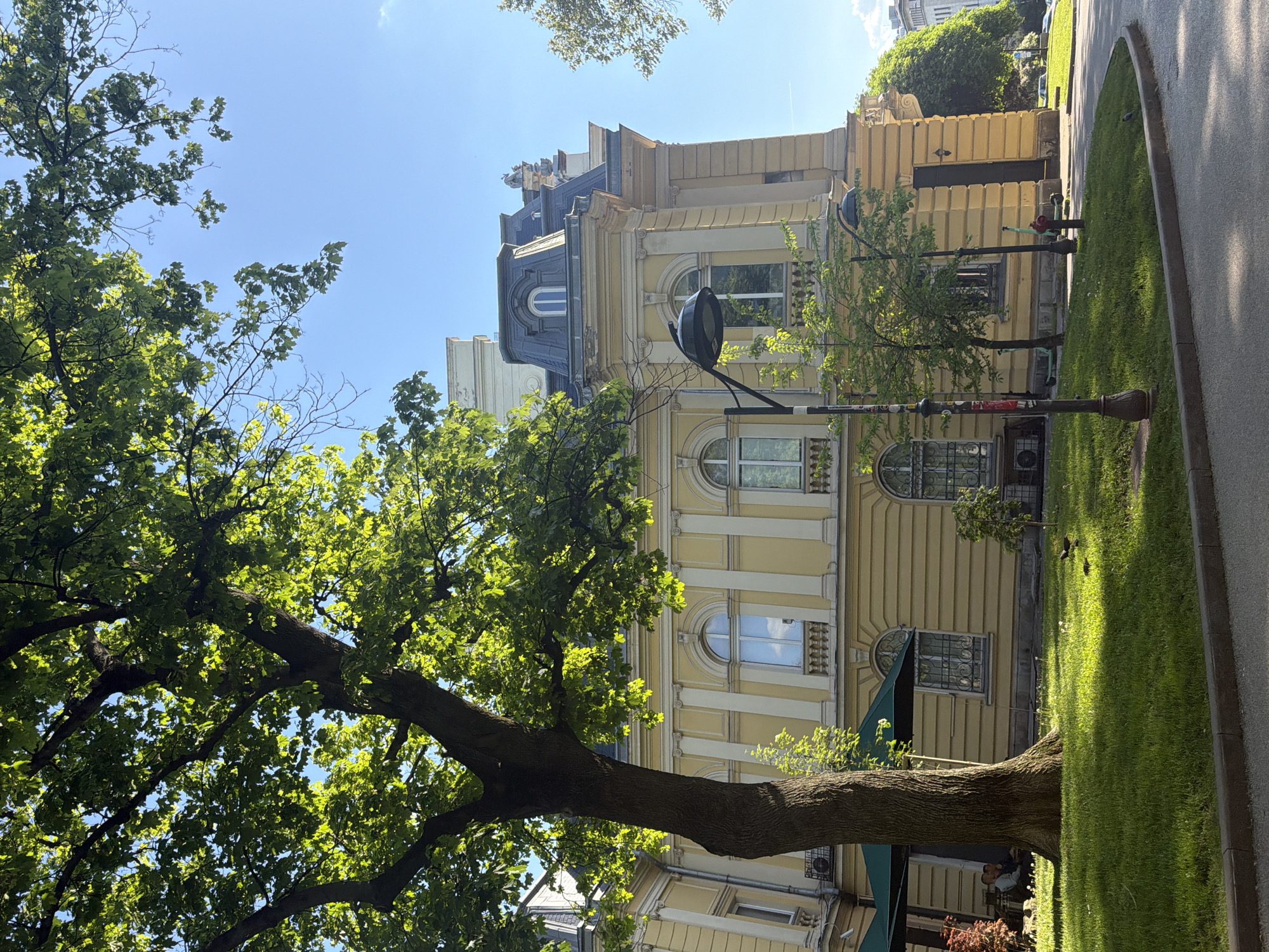 The image shows a portion of the exterior of a yellowish-beige building with architectural detailing, potentially a historical building, in Sofia, Bulgaria. The building has arched windows and a blue-grey roof with decorative elements. A large tree with dense green foliage dominates the foreground, partially obscuring the building. A streetlamp is visible near the building. A strip of green lawn is present to the right, bordering a paved road. There's also a hint of a cafe or restaurant area at the base of the building, partially hidden by the tree.