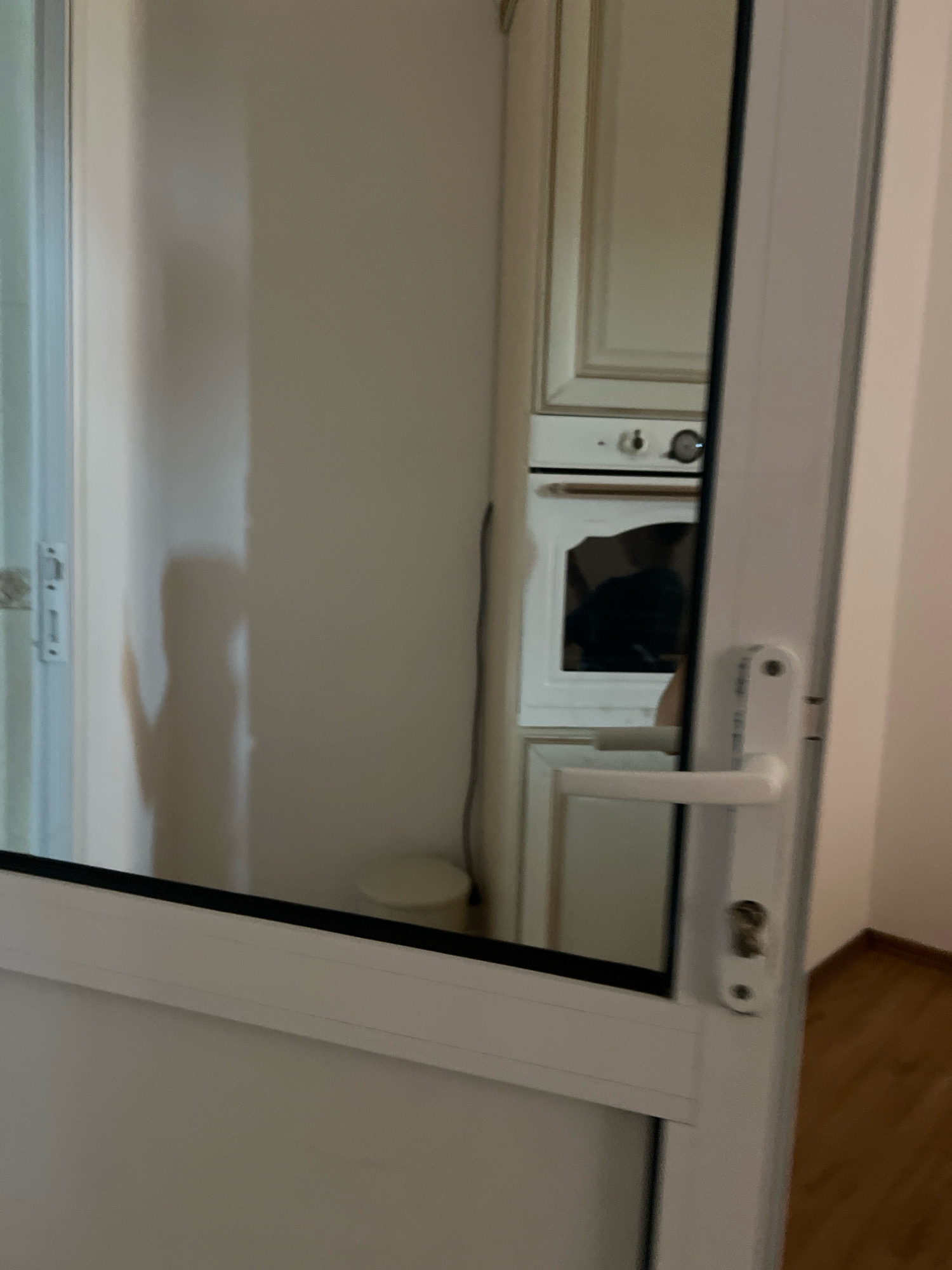 The image shows the interior of a room with a partially open white door in the foreground. Through the glass panel of the door, a kitchen area is visible. This kitchen features light-colored cabinetry, a built-in oven with a dial and a timer display, and a dark-colored object, possibly a person, reflected in the oven door. The floor in the kitchen area appears to be wooden. The door itself has a white handle and a lock mechanism. To the left of the door, a shadow of a person is cast on a light-colored wall. The overall scene depicts a residential interior. There is no discernible information suggesting the location is in Novogagatli, Russia.