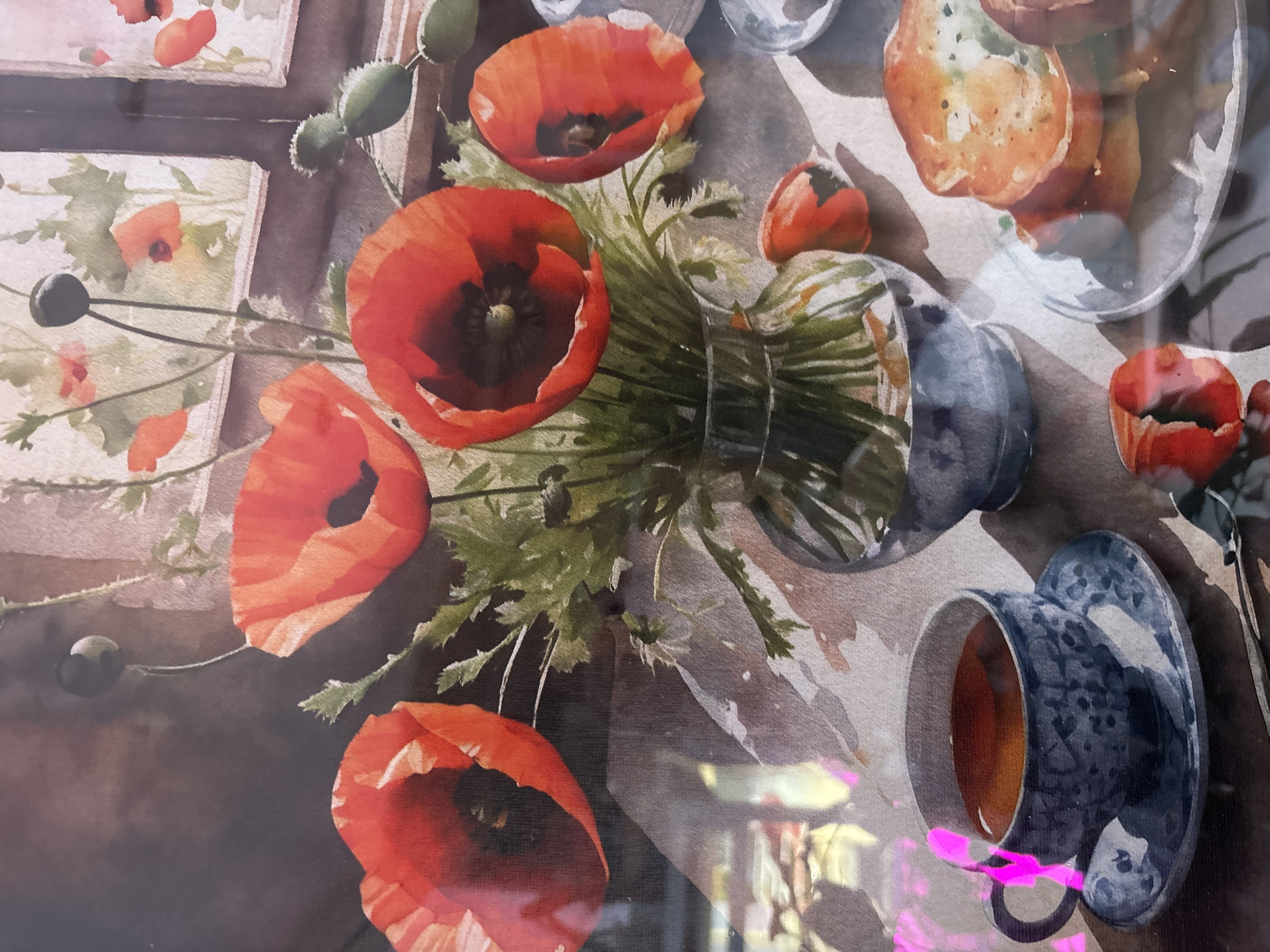 This image is a watercolor painting depicting an indoor still life scene in the city of Русский Вожой, Russia. The central focus is a bouquet of red poppies with green foliage arranged in a clear glass vase positioned on a dark, textured surface, likely a table. Several poppies are in full bloom, characterized by their vibrant red petals and dark centers, while others appear as closed buds or seed pods.
To the lower left, a blue ceramic teacup with a patterned design rests on a matching saucer, containing a dark, reddish-brown liquid. To the lower right, a stack of circular, light-brown items, resembling pancakes or fritters, is presented on a white plate. The background features a window with dark framing in the upper right quadrant, through which faint shapes of red poppies and green foliage are visible, suggesting an outdoor garden view. Light appears to originate from the right, casting subtle shadows on the table surface. The painting exhibits a soft, diffused aesthetic. The surface of the image shows reflections and glare, particularly a bright magenta streak near the teacup, indicating it is a photograph of a physical artwork, possibly behind glass. No individuals are present, and no actions or interactions are depicted.