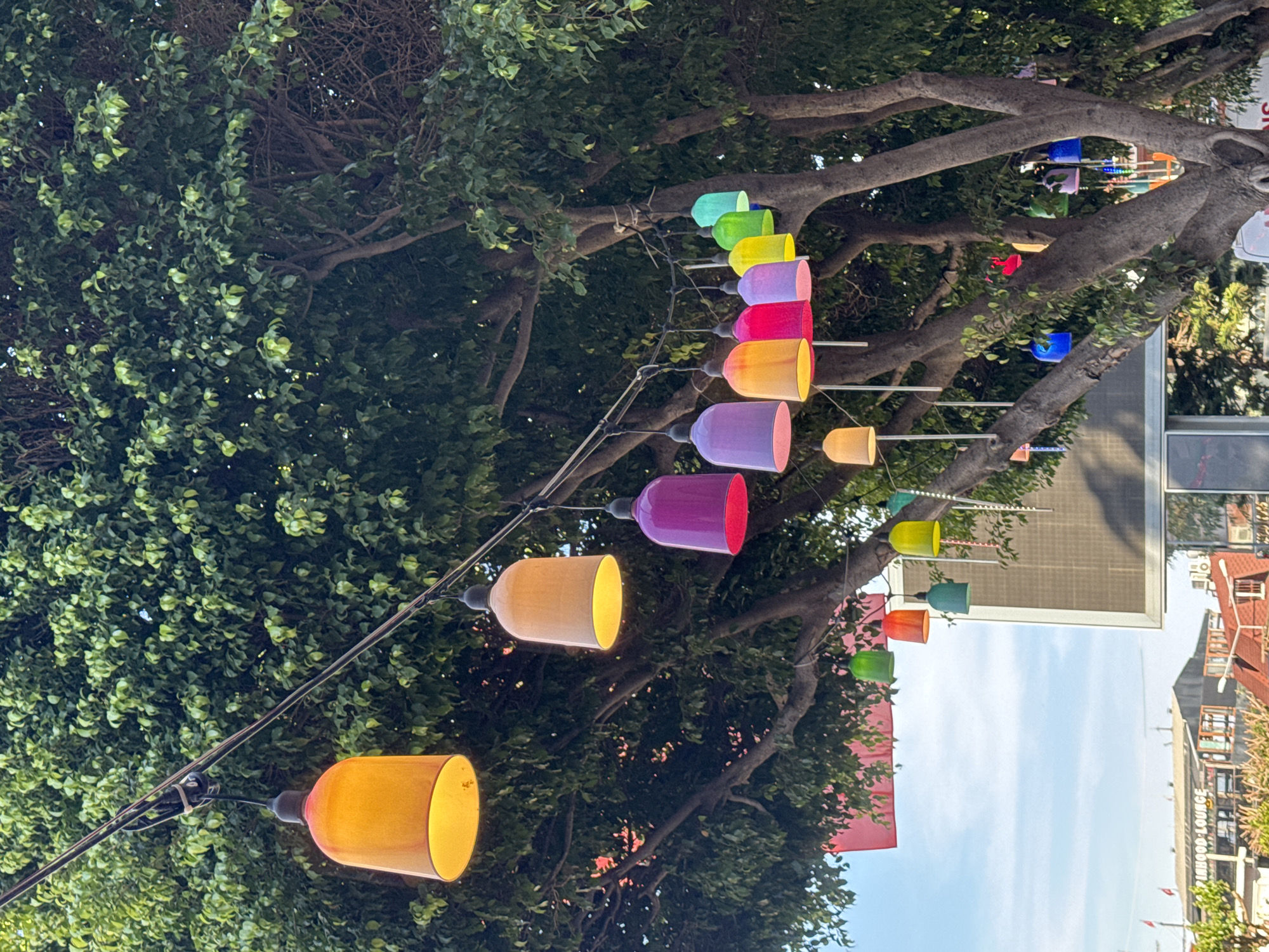 The image depicts a street scene in Alanya, Turkey. The focus is on a string of colorful decorative lights hanging between trees. The lights are shaped like bells or cups and are illuminated, casting a warm glow. The trees are lush and green, providing a natural backdrop to the urban setting. In the background, buildings and infrastructure of the city are visible, including rooftops and a large modern structure. The sky is visible in parts, with clear blue hues and faint clouds. The photograph is taken from a low angle, looking up towards the lights and the sky.