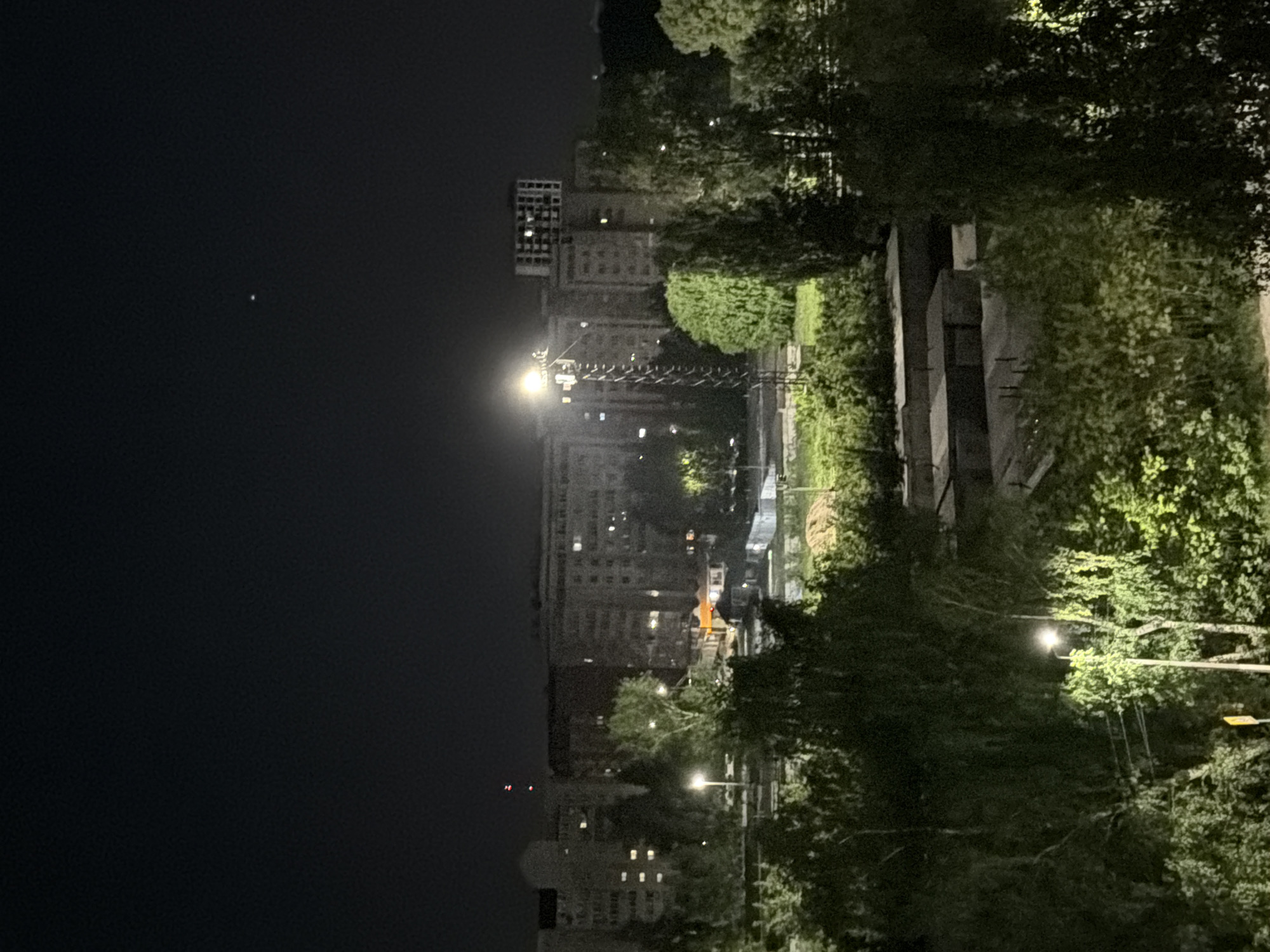 The image shows a night scene in Chaikovsky, Russia. The sky is dark with a single, faint star visible. There are buildings and trees visible, with bright artificial lights illuminating parts of the area. To the right of the buildings are a group of trees. There is a brighter street lamp is illuminating buildings that are further off.