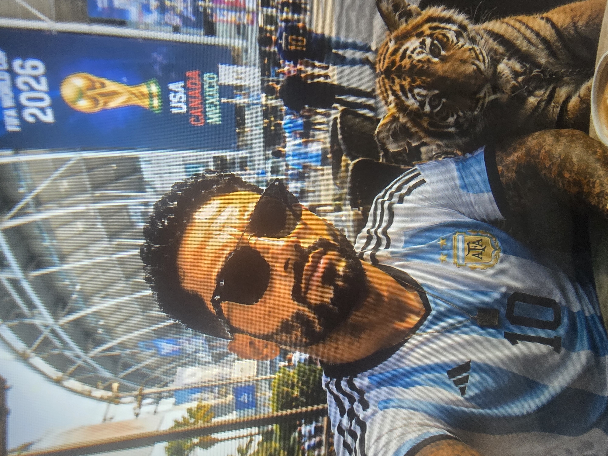 This media file shows a close-up, vertically oriented image of a person and a tiger. The person is wearing an Argentina national football team jersey, distinguished by its light blue and white stripes, the Adidas logo, and the number "10" on the back. They are also wearing sunglasses. The tiger, which appears to be lying down and relaxed, is positioned behind and to the right of the person, with its head resting near the person's shoulder. Its characteristic orange fur with black stripes is clearly visible.
In the background, a large banner advertises the FIFA World Cup 2026, mentioning "USA, CANADA, MEXICO" as host countries and featuring an image of the World Cup trophy. The setting appears to be an outdoor public space, possibly a stadium or a fan zone, with structural elements of a building or stadium roof visible above. The lighting suggests it is daytime. The overall impression is a casual and somewhat unusual interaction between a person and a tiger, likely taken as a photo opportunity. There is no clear indication of emotion beyond the relaxed pose of the tiger and the sunglasses obscuring the person's eyes.