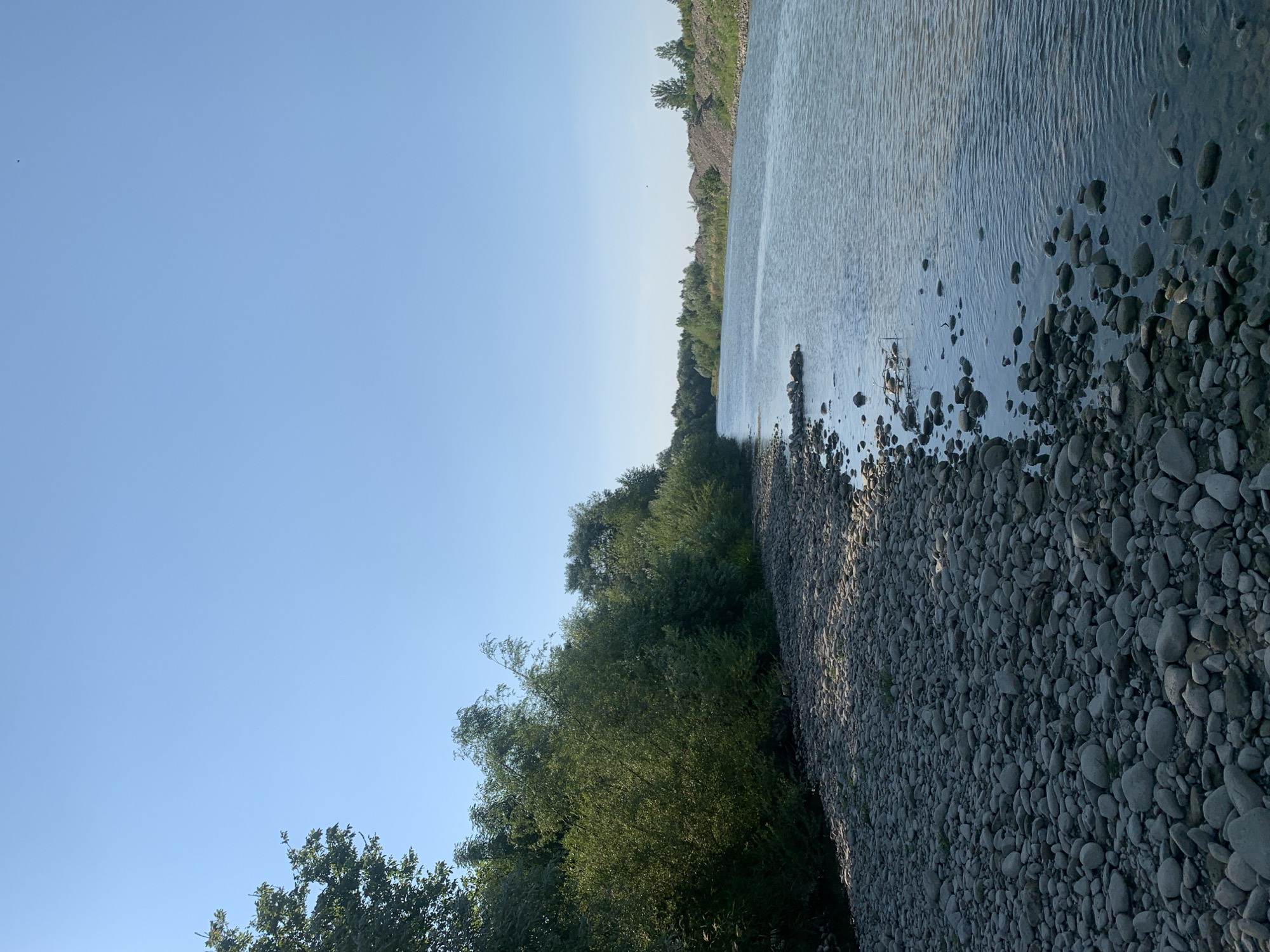 The image depicts a wide river flowing under a clear, bright blue sky. The left bank of the river is covered in smooth, grey stones of varying sizes, forming a stony shore. Lush green trees and dense foliage line the top of this bank, casting shadows on the stones. The river itself is calm, with gentle ripples on its surface, reflecting the blue of the sky. On the right side of the river, the bank appears to be a man-made slope of piled earth and gravel, with sparse vegetation. The scene suggests a natural landscape with some industrial or construction elements present. The location is identified as the Prut River in Kolomyia, Ukraine. There are no people or animals visible in the image.