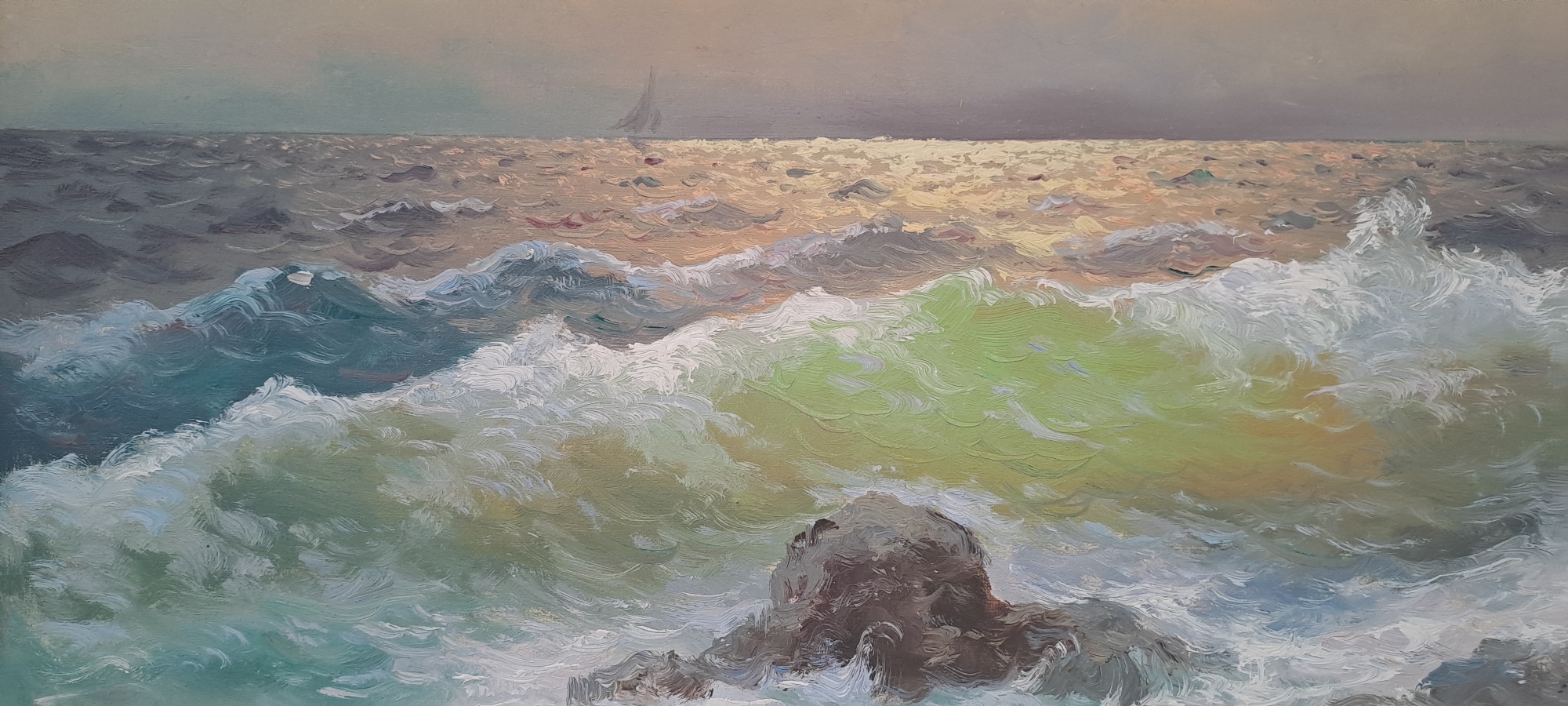 The image is a painting of a seascape. The choppy ocean is depicted with waves crashing against rocks in the foreground. The water ranges in color from deep blues and greens to white foam. In the distance, the sea appears calmer with a faint sunlight reflecting on its surface. A single sailboat is visible on the horizon under a hazy sky. The painting style is impressionistic, with visible brushstrokes that create a sense of movement and texture. There are no people or identifiable landmarks that would suggest a specific location within Hässelby, Sweden.