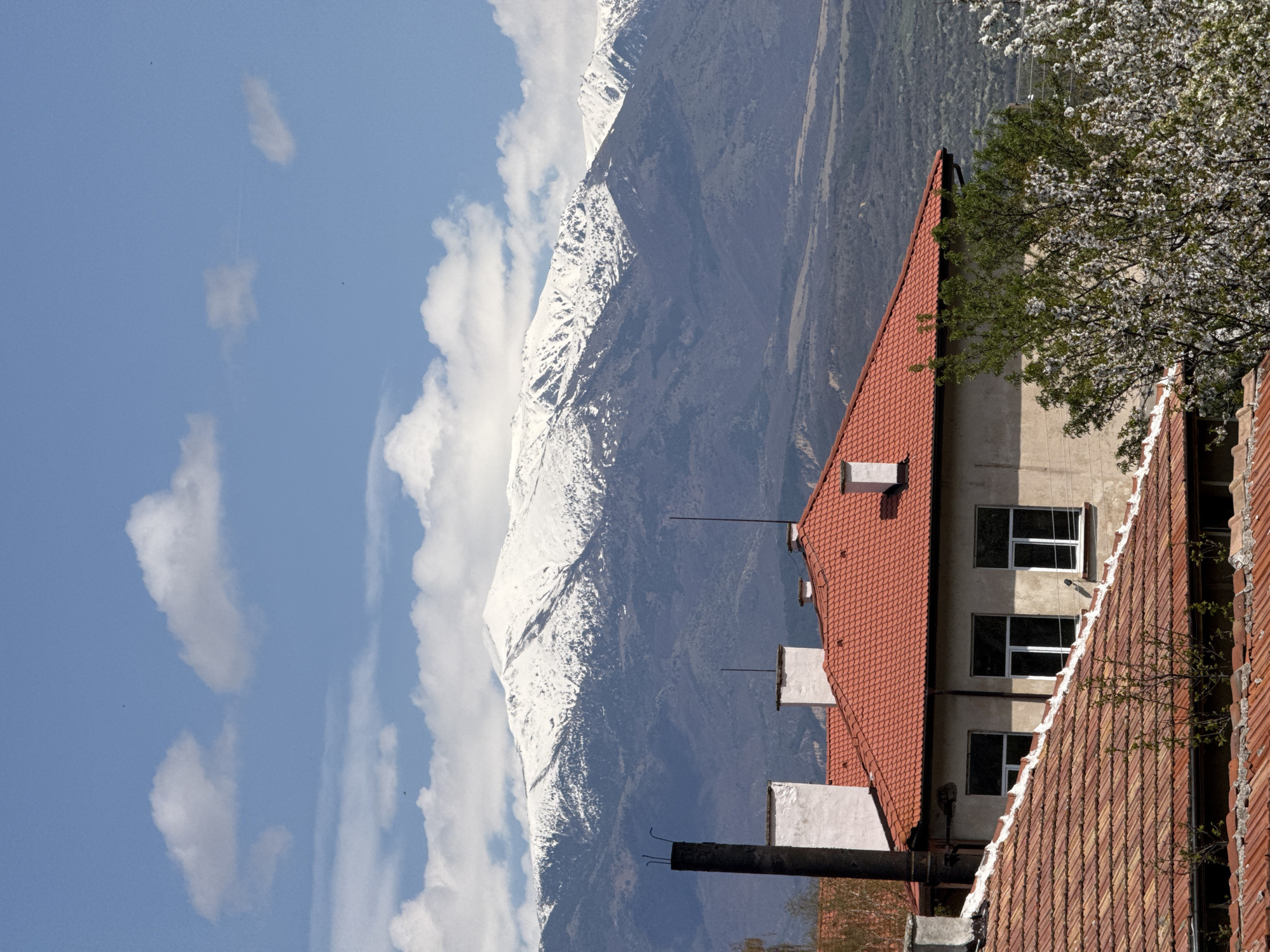 A view of snow-capped mountains behind a building with a red-tiled roof, chimneys, and windows. A tree with white blossoms is beside the building. Sky with clouds is on the left. The location is Boboshevo, Bulgaria.