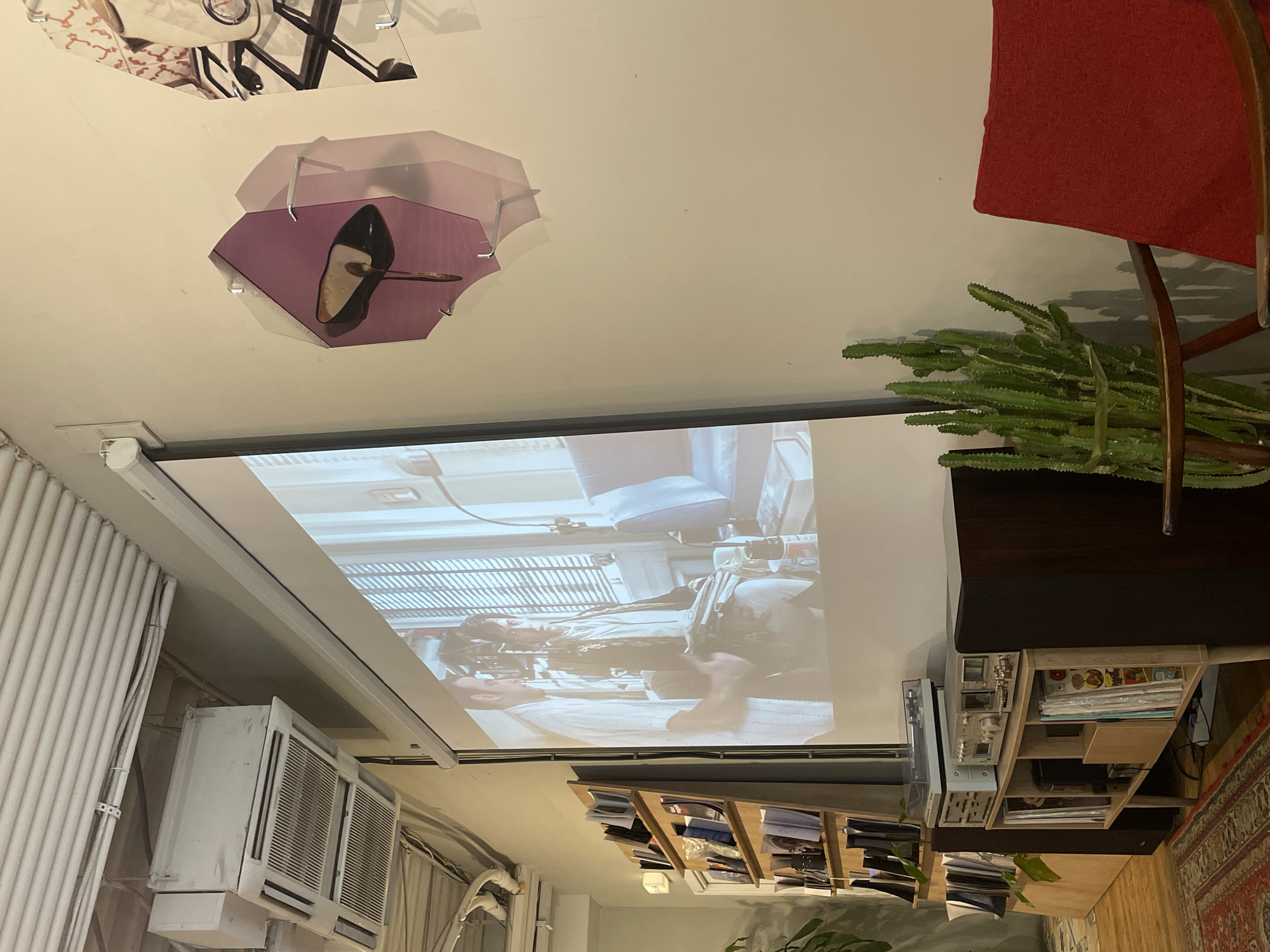 The image depicts an interior space with a projection screen displaying a scene, likely a movie or video, featuring two individuals in what appears to be a space setting. The projection screen is mounted on a wall with metal siding and an air conditioning unit. Above the screen, there's a white ceiling with two decorative objects hanging: one that seems like abstract art and another with an image of a shoe. To the right of the screen, there's a corner of a room with a wooden side table with a dark top, a potted plant, and a red chair. The objects on the table suggest a lived-in space. Below the screen, a shelf unit is holding various books and documents, indicating an organized space.
Without additional context, it's impossible to confirm the location as Moscow, Russia.