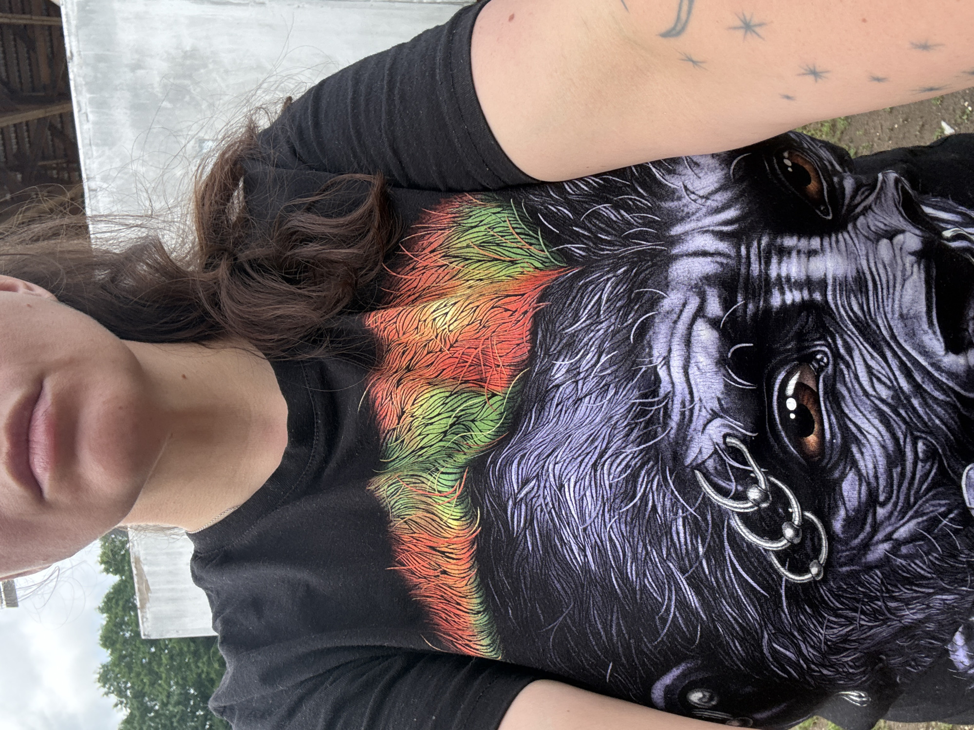 A person is taking a selfie outdoors. They are wearing a black t-shirt with a graphic print of a gorilla's face and colorful hair. The person has brown hair that is falling over their shoulder. The background appears to be a concrete wall and some trees. The location is Chaikovsky, Russia.